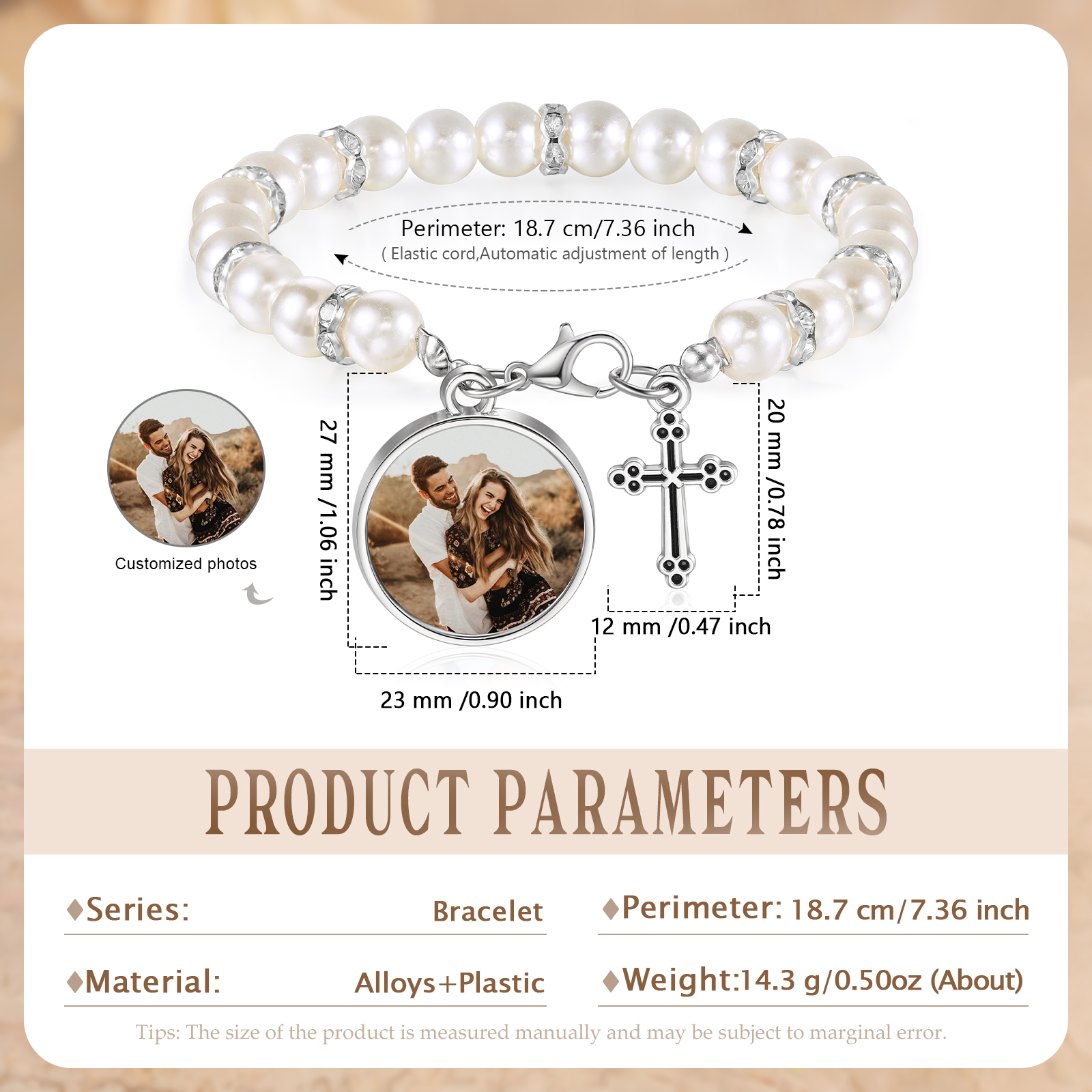 Personalised Rosary Memorial Bracelet Custom with Photo and Cross Pendant