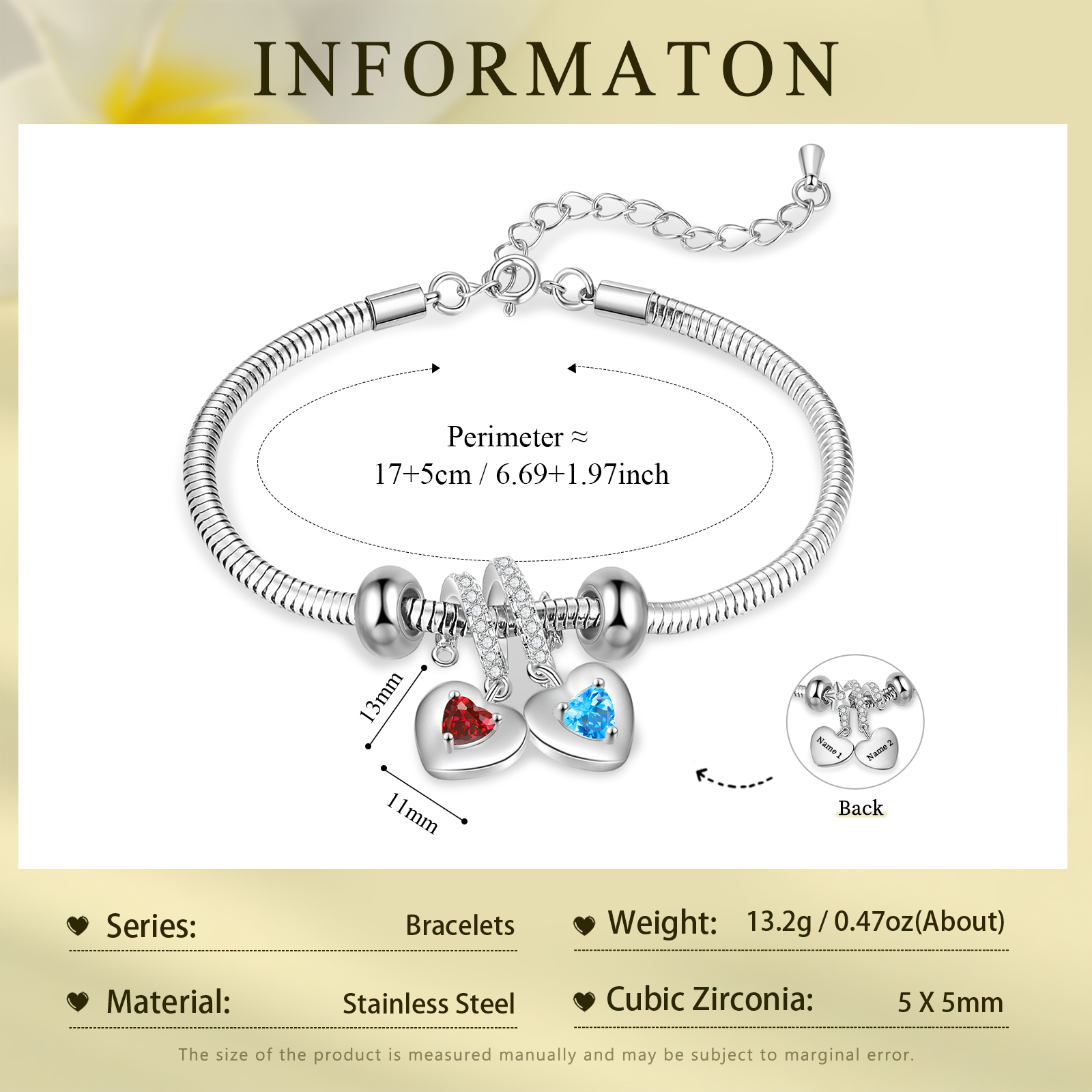 Personalised 2 Heart Birthstones Bracelet Adjustable Valentines Day Gift for Her