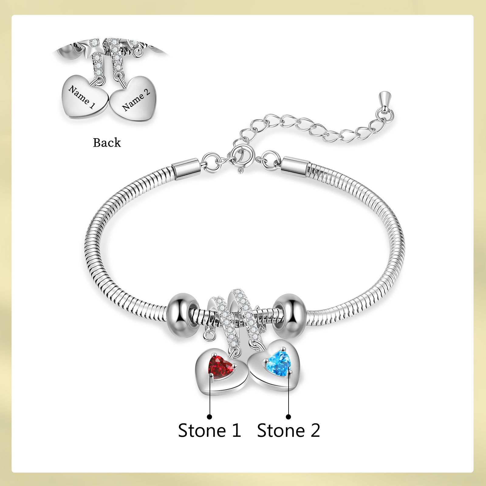 Personalised 2 Heart Birthstones Bracelet Adjustable Valentines Day Gift for Her