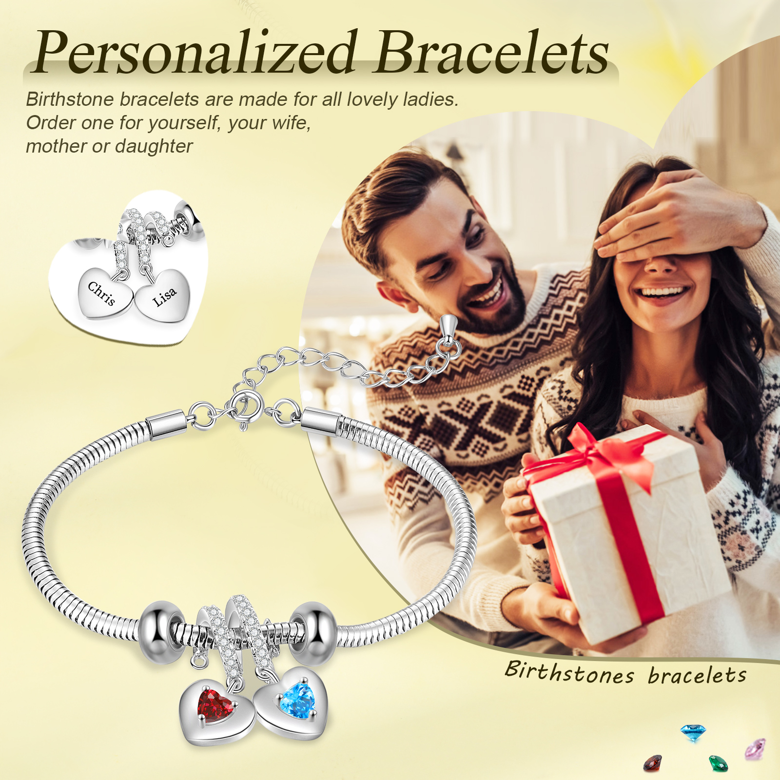 Personalised 2 Heart Birthstones Bracelet Adjustable Valentines Day Gift for Her