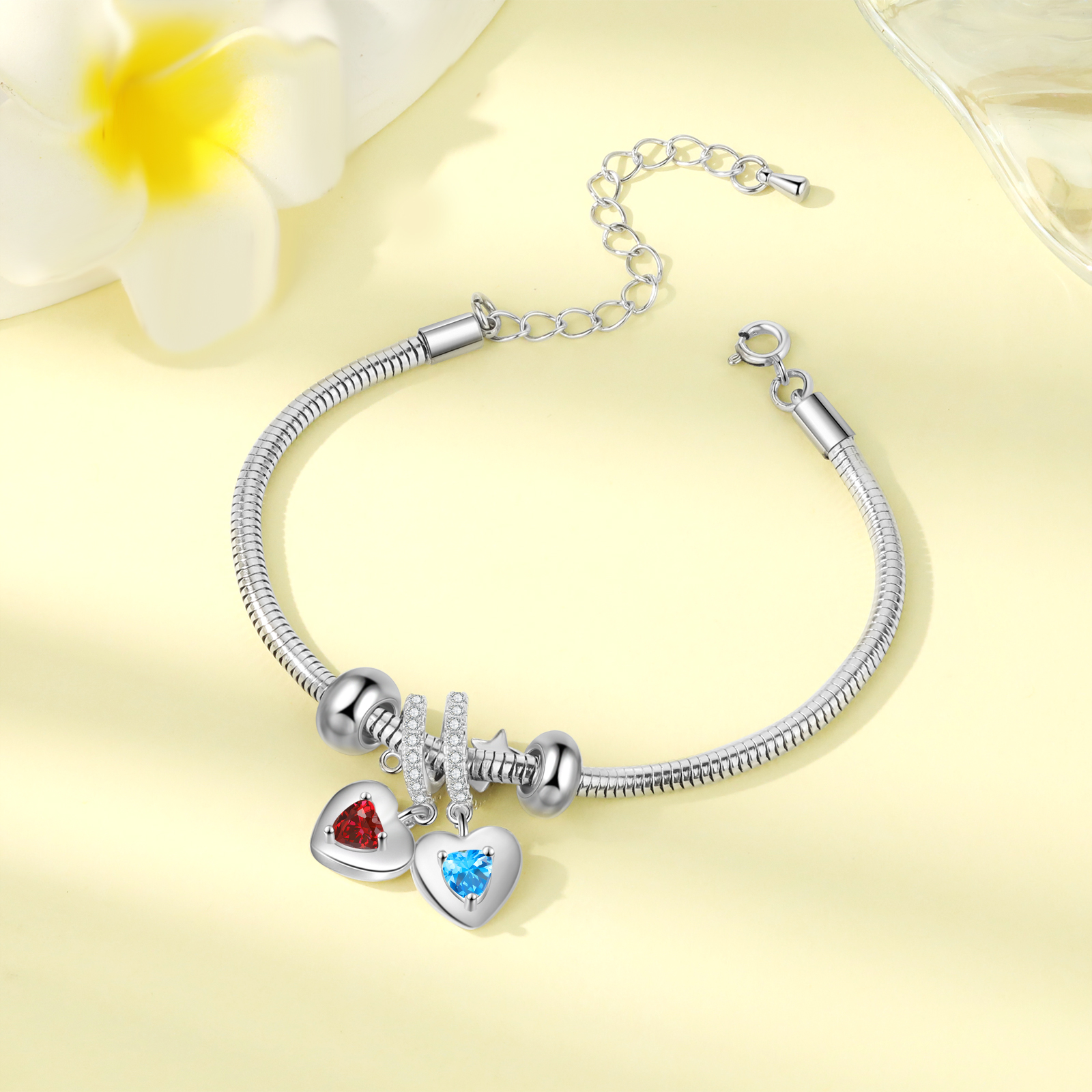 Personalised 2 Heart Birthstones Bracelet Adjustable Valentines Day Gift for Her