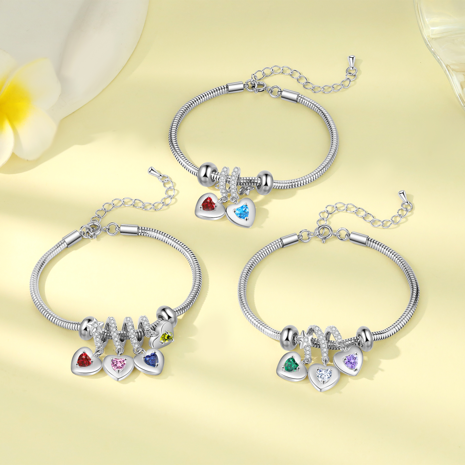 Personalised 3 Hearts and Birthstones Bracelet Adjustable Valentines Day Gift for Her