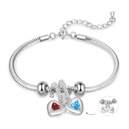 Personalised 2 Heart Birthstones Bracelet Adjustable Valentines Day Gift for Her