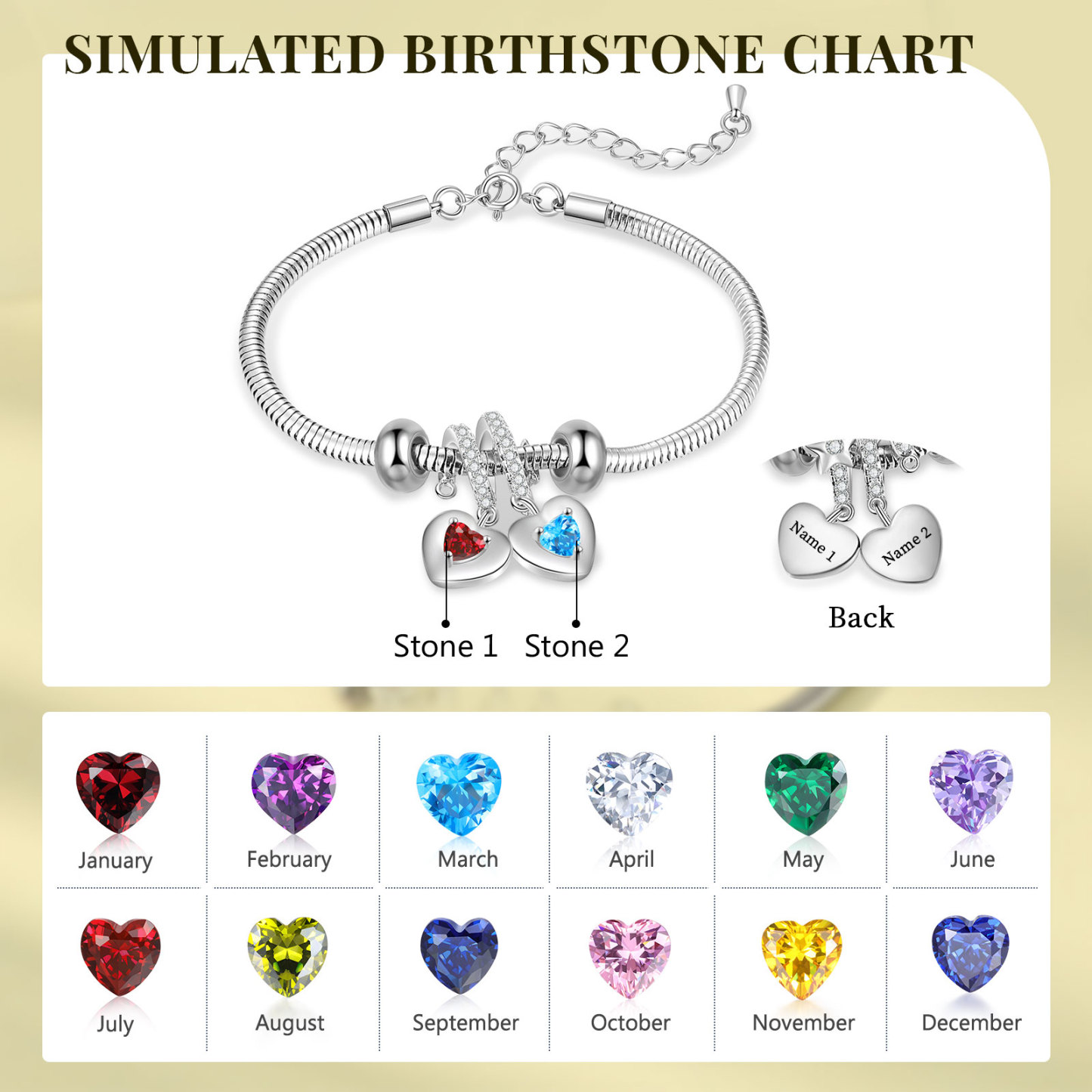 Personalised 2 Heart Birthstones Bracelet Adjustable Valentines Day Gift for Her