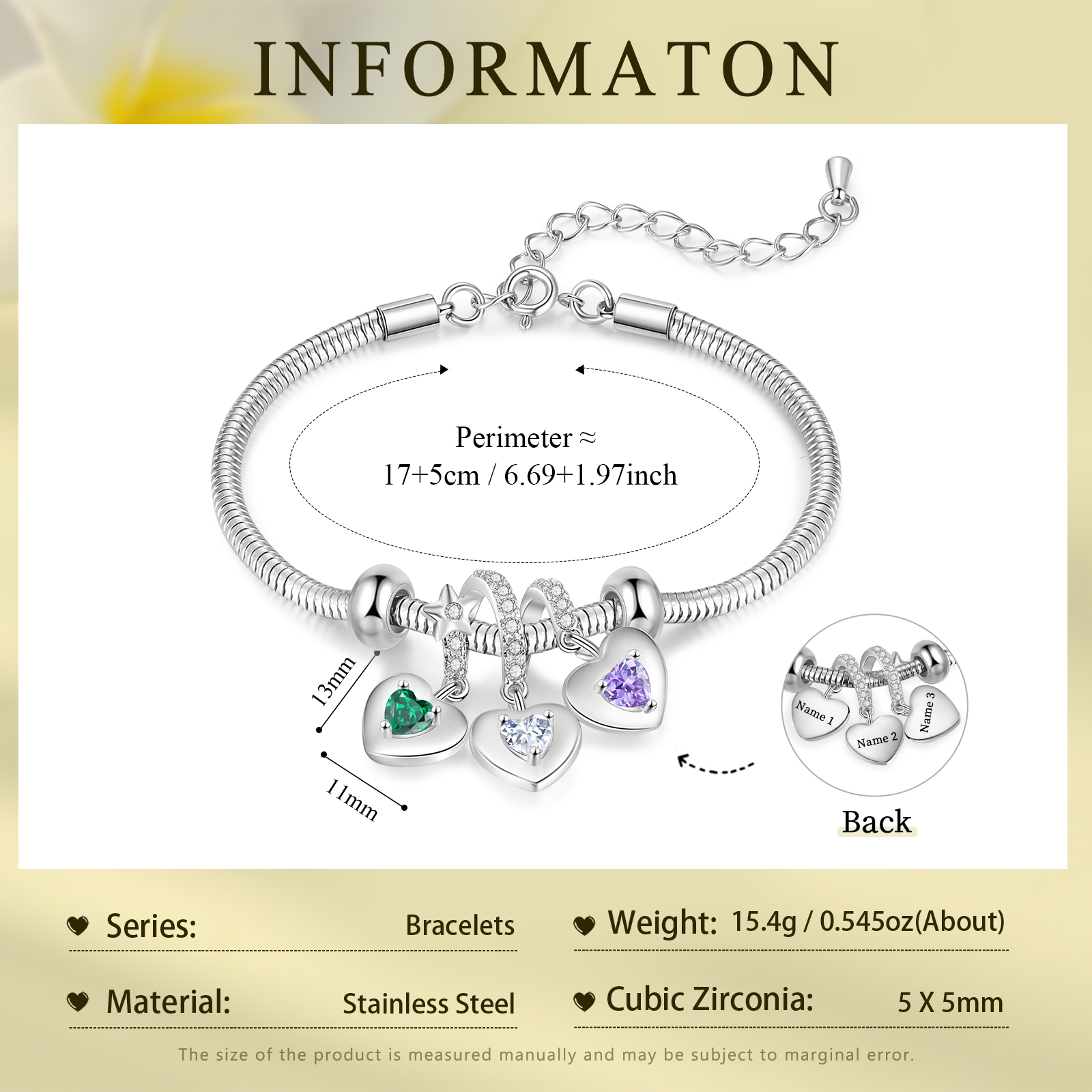 Personalised 3 Hearts and Birthstones Bracelet Adjustable Valentines Day Gift for Her