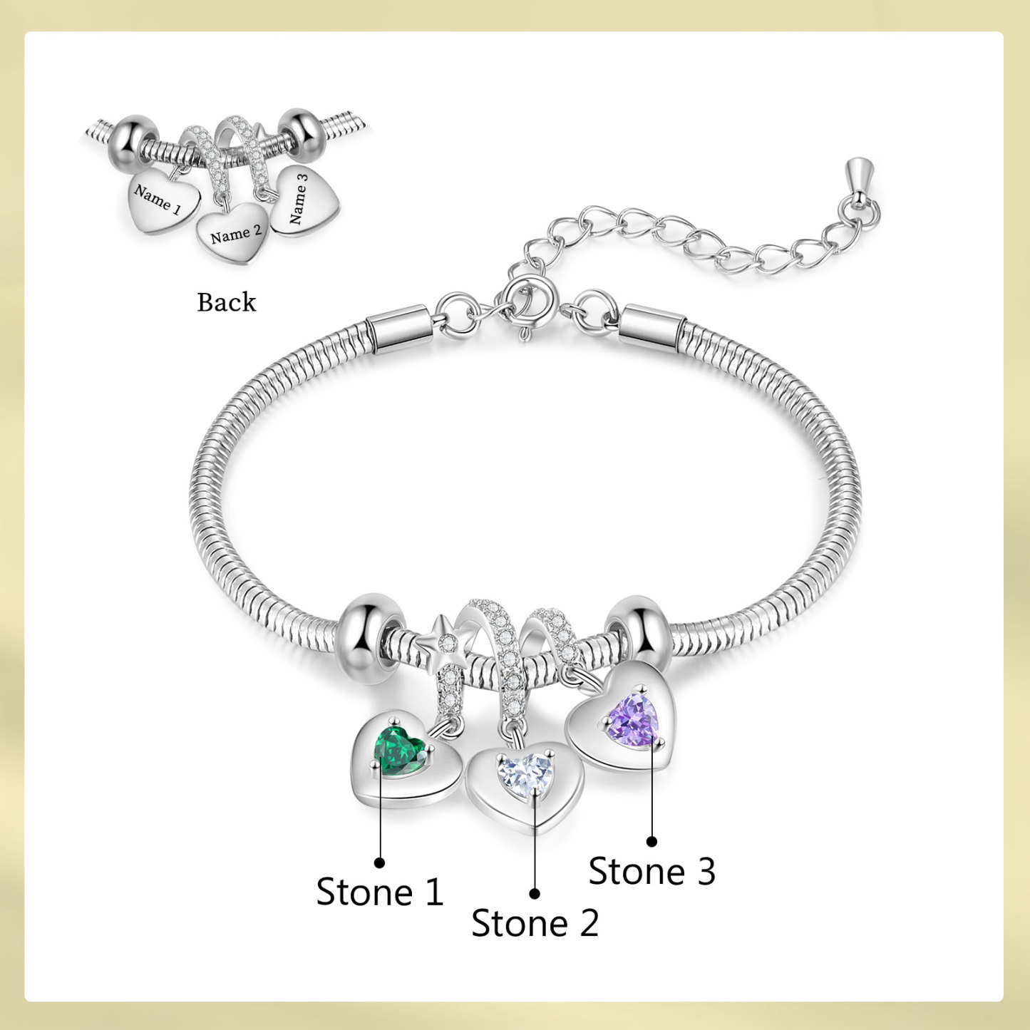 Personalised 3 Hearts and Birthstones Bracelet Adjustable Valentines Day Gift for Her