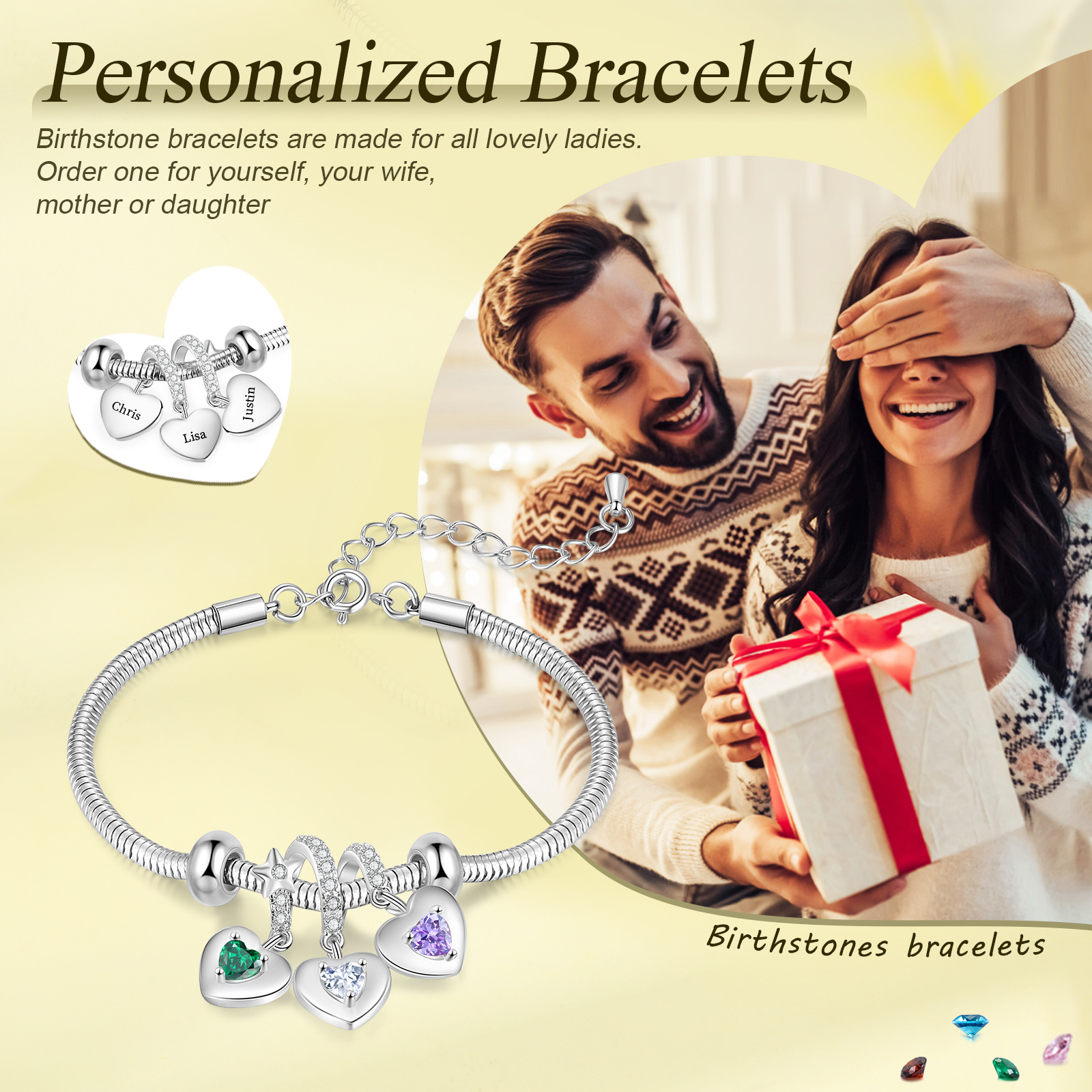 Personalised 3 Hearts and Birthstones Bracelet Adjustable Valentines Day Gift for Her