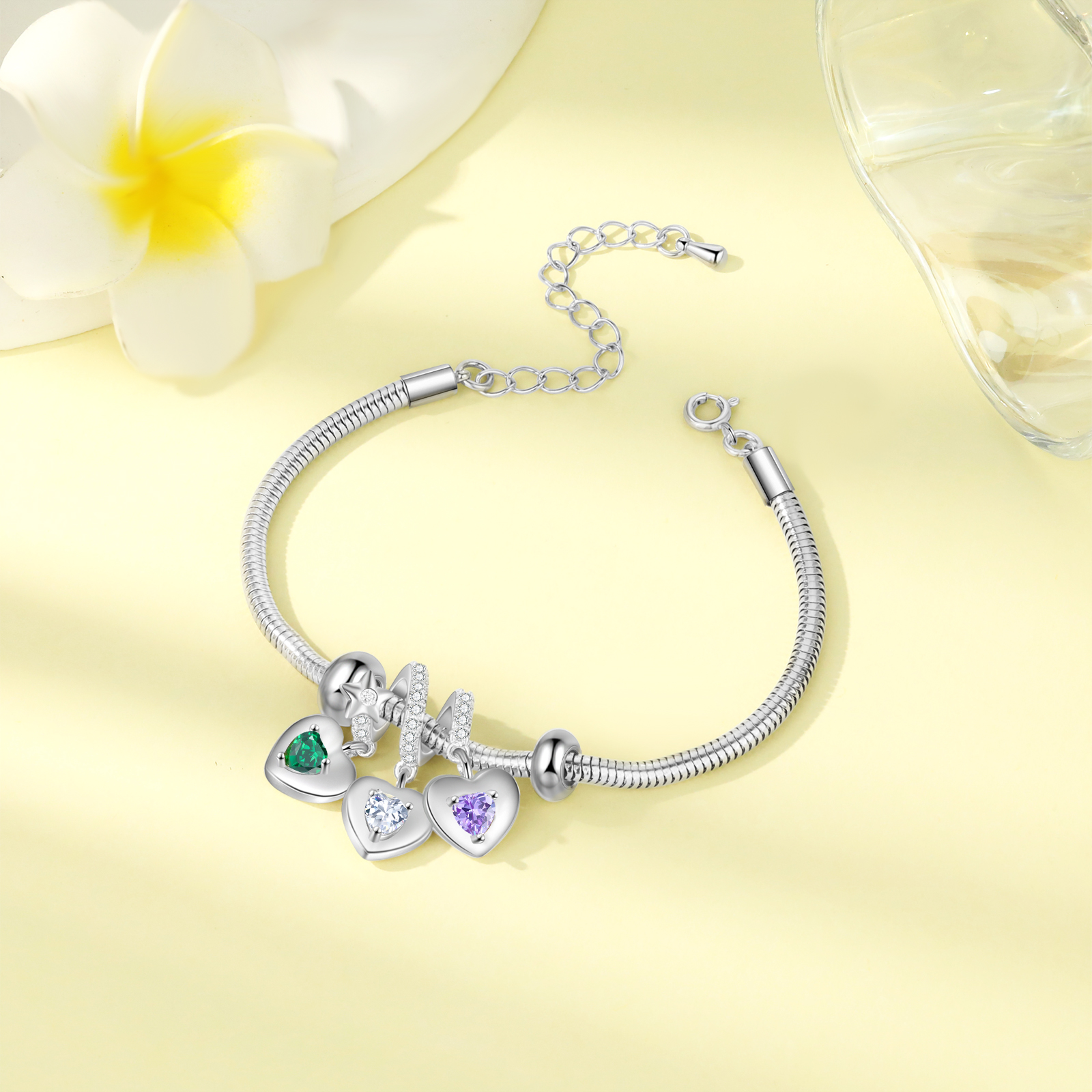 Personalised 3 Hearts and Birthstones Bracelet Adjustable Valentines Day Gift for Her