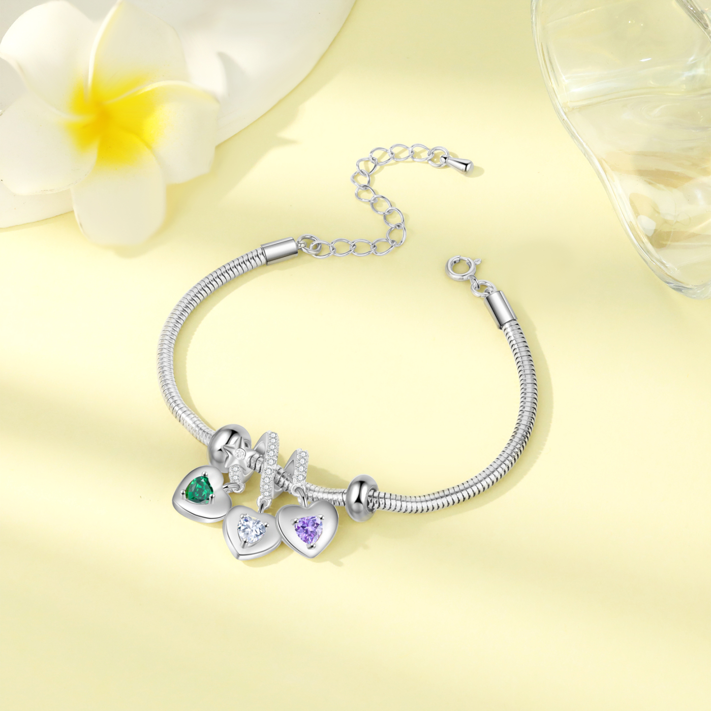 Personalised 3 Hearts and Birthstones Bracelet Adjustable Valentines Day Gift for Her