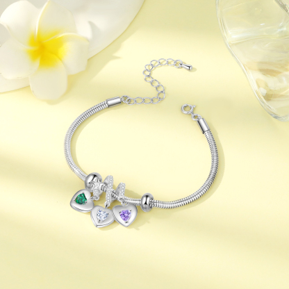 Personalised 3 Hearts and Birthstones Bracelet Adjustable Valentines Day Gift for Her