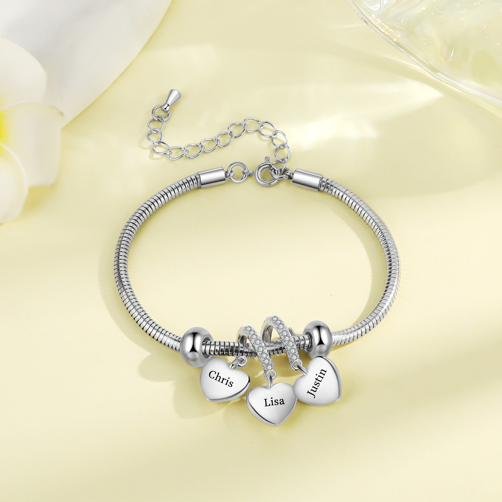 Personalised 3 Hearts and Birthstones Bracelet Adjustable Valentines Day Gift for Her