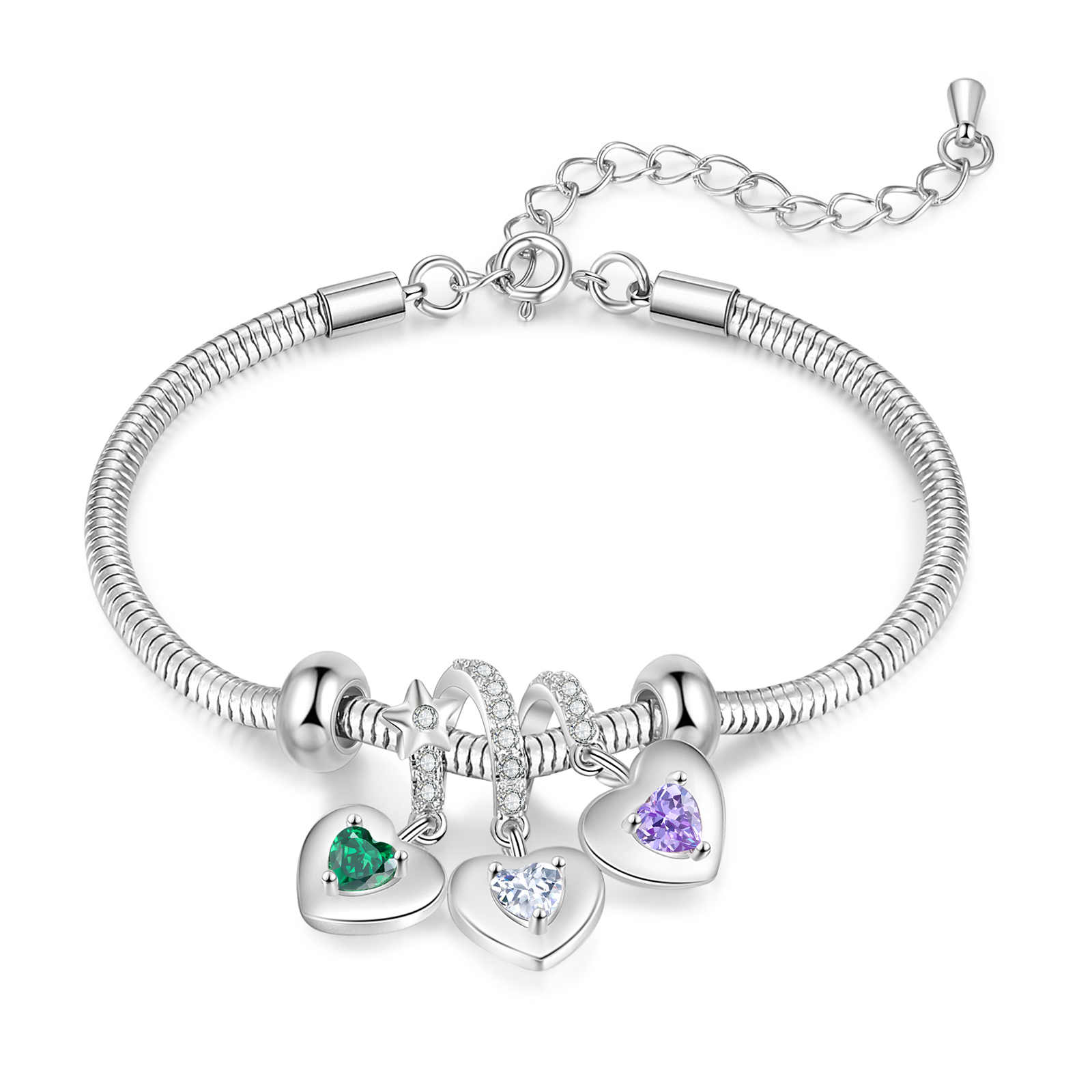 Personalised 3 Hearts and Birthstones Bracelet Adjustable Valentines Day Gift for Her
