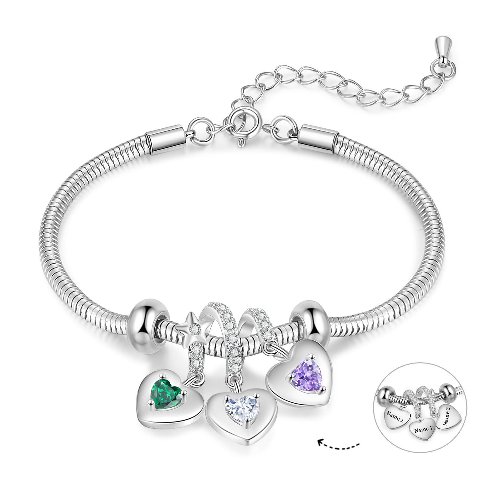 Personalised 3 Hearts and Birthstones Bracelet Adjustable Valentines Day Gift for Her