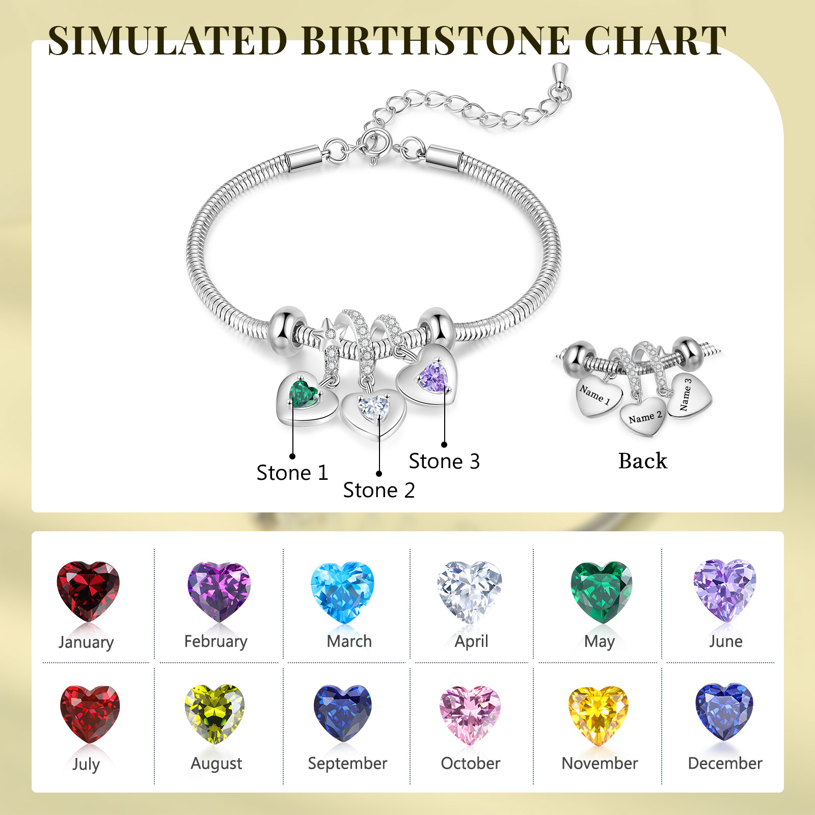 Personalised 3 Hearts and Birthstones Bracelet Adjustable Valentines Day Gift for Her