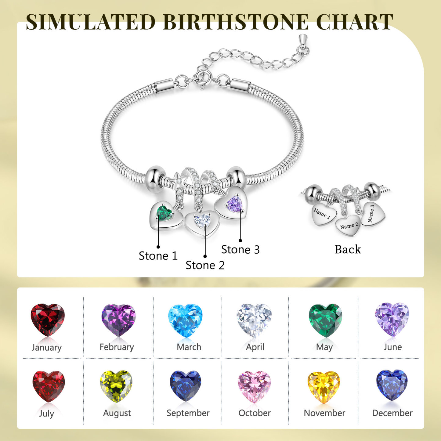 Personalised 3 Hearts and Birthstones Bracelet Adjustable Valentines Day Gift for Her