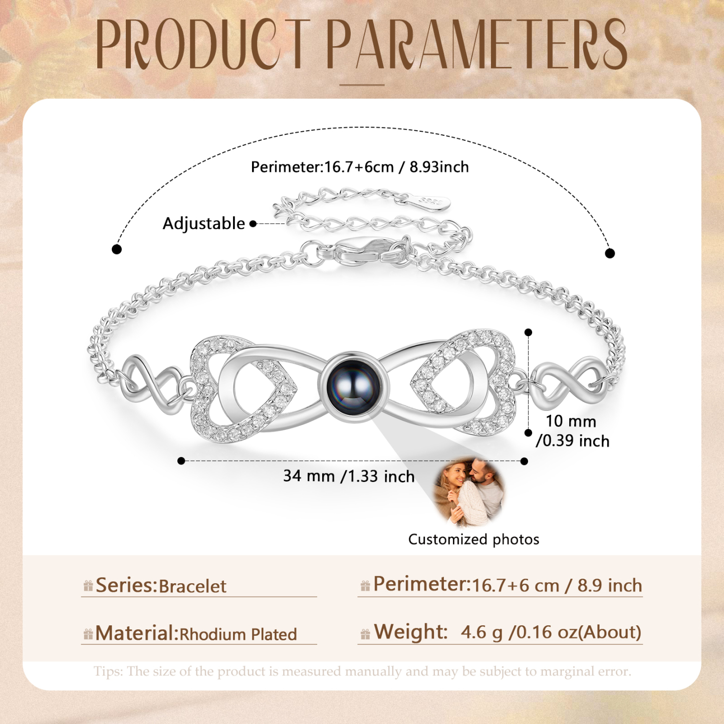 Personalised Projection Bracelet Custom 1 Photo Infinity & Heart Design 3 Colours Gift for Her | Jessemade