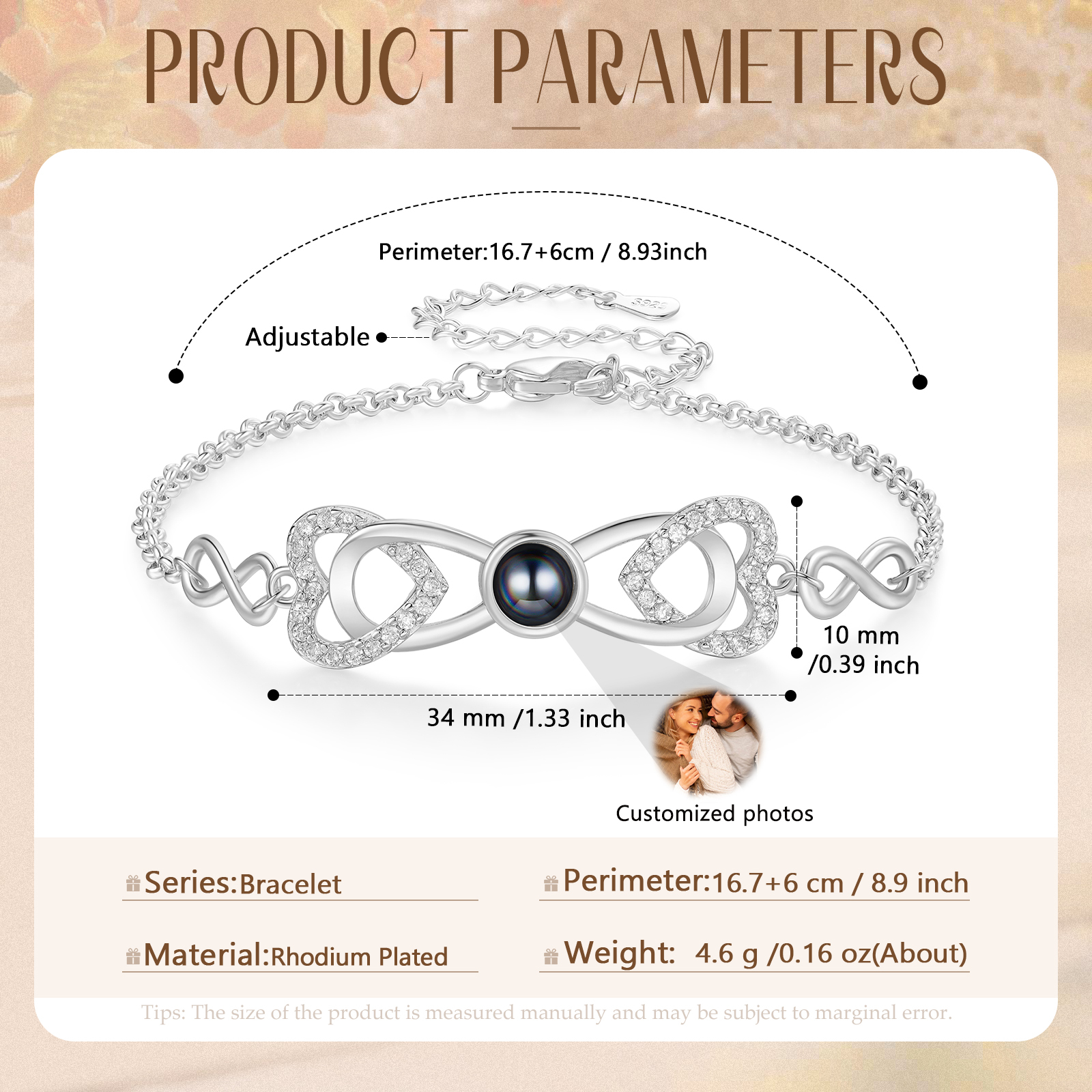 Personalised Projection Bracelet Custom 1 Photo Infinity & Heart Design 3 Colours Gift for Her | Jessemade
