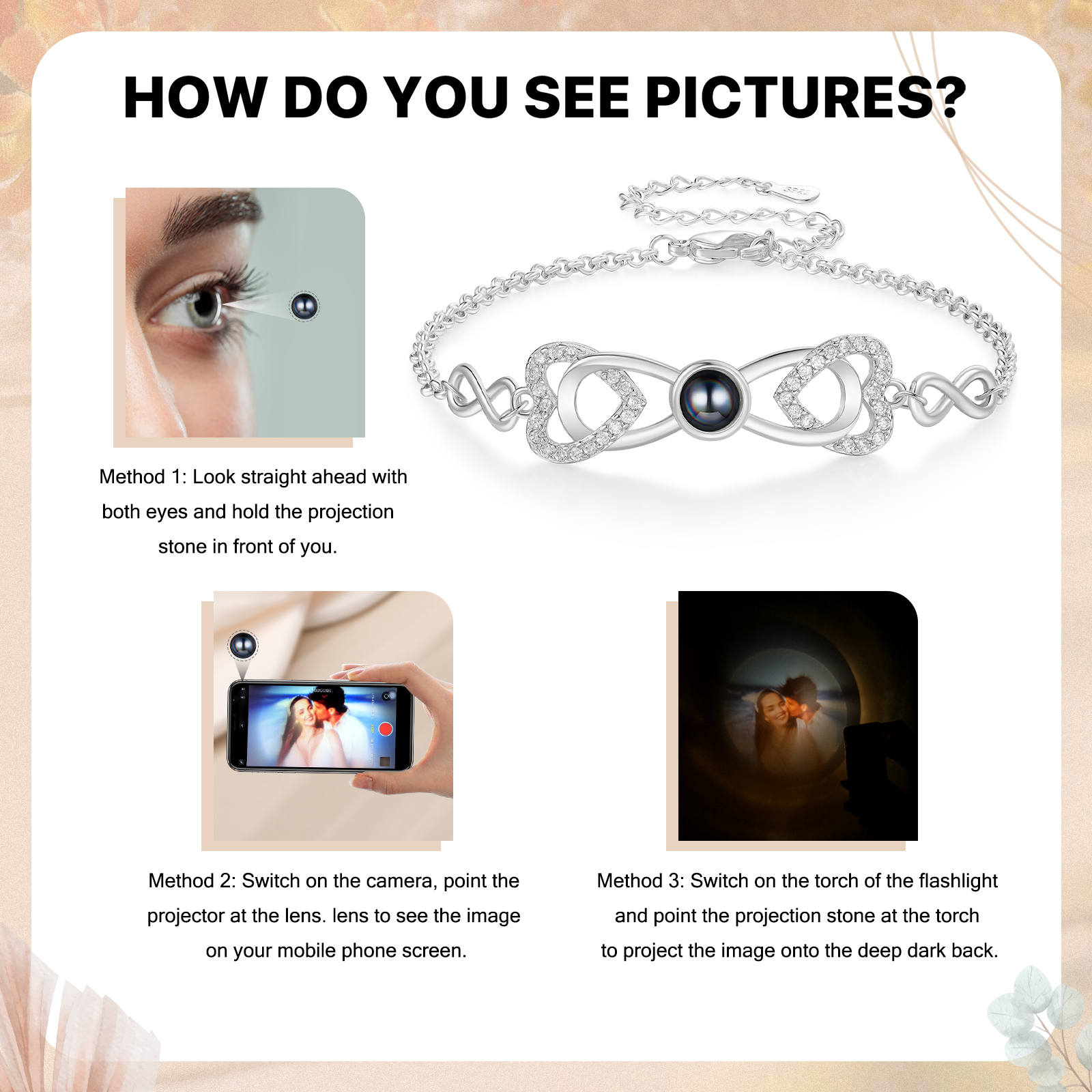 Personalised Projection Bracelet Custom 1 Photo Infinity & Heart Design 3 Colours Gift for Her | Jessemade