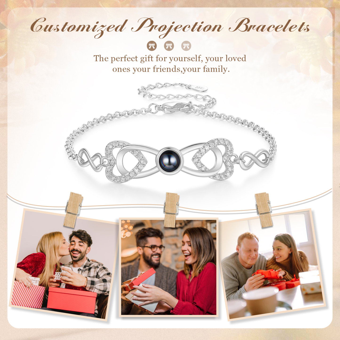 Personalised Projection Bracelet Custom 1 Photo Infinity & Heart Design 3 Colours Gift for Her | Jessemade
