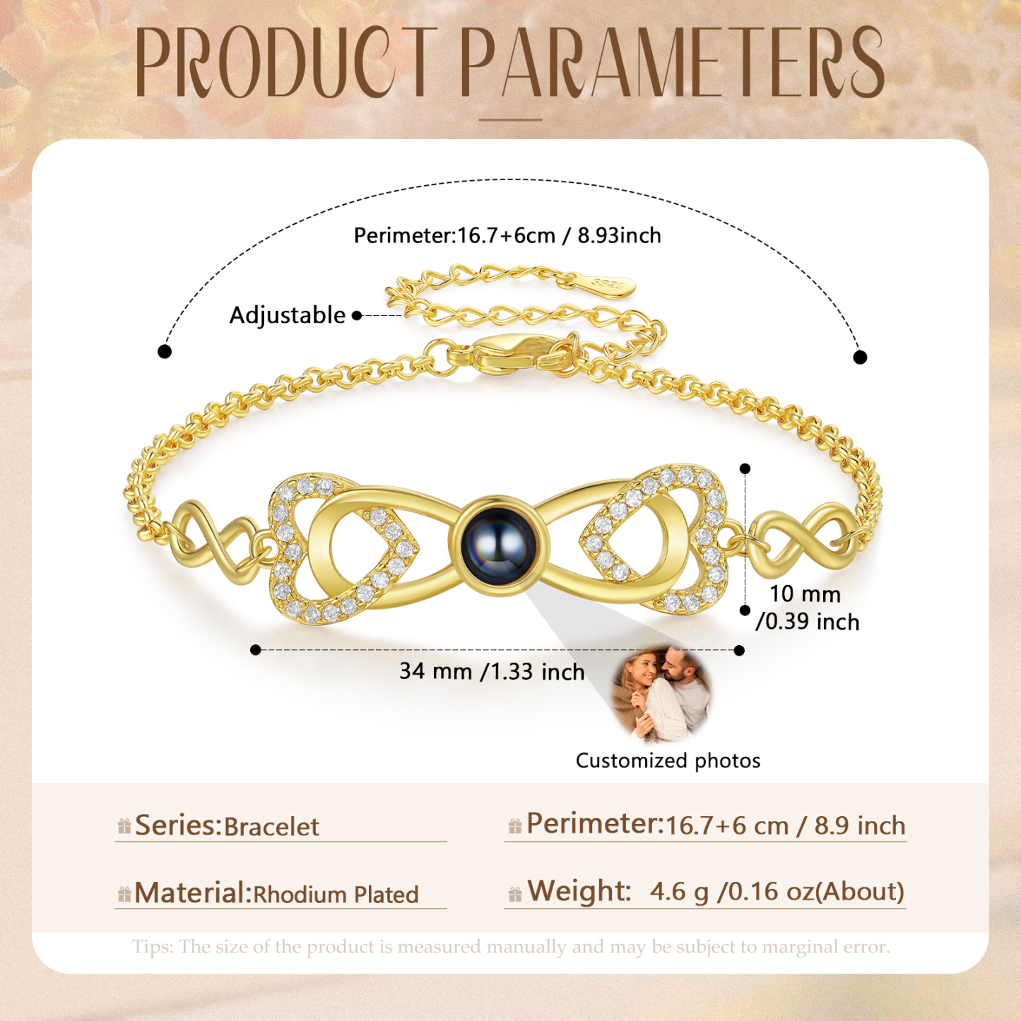 Personalised Projection Bracelet Custom 1 Photo Infinity & Heart Design 3 Colours Gift for Her | Jessemade
