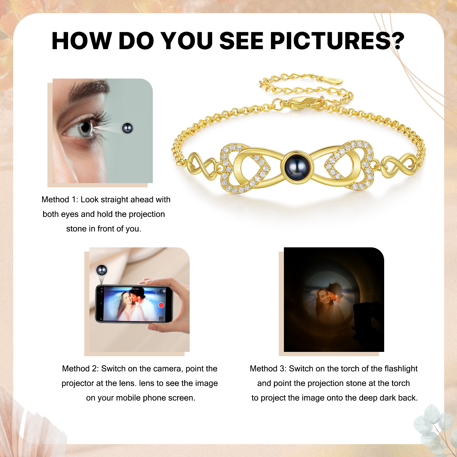 Personalised Projection Bracelet Custom 1 Photo Infinity & Heart Design 3 Colours Gift for Her | Jessemade