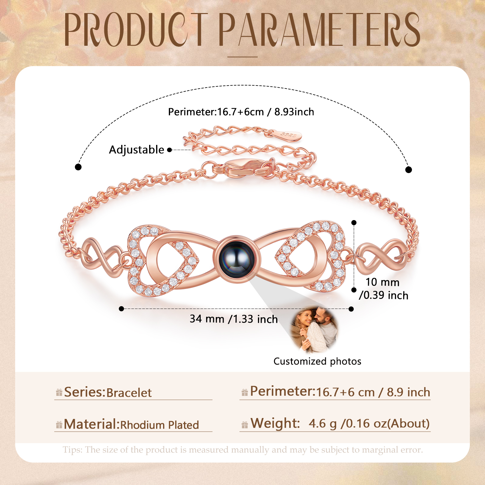 Personalised Projection Bracelet Custom 1 Photo Infinity & Heart Design 3 Colours Gift for Her | Jessemade
