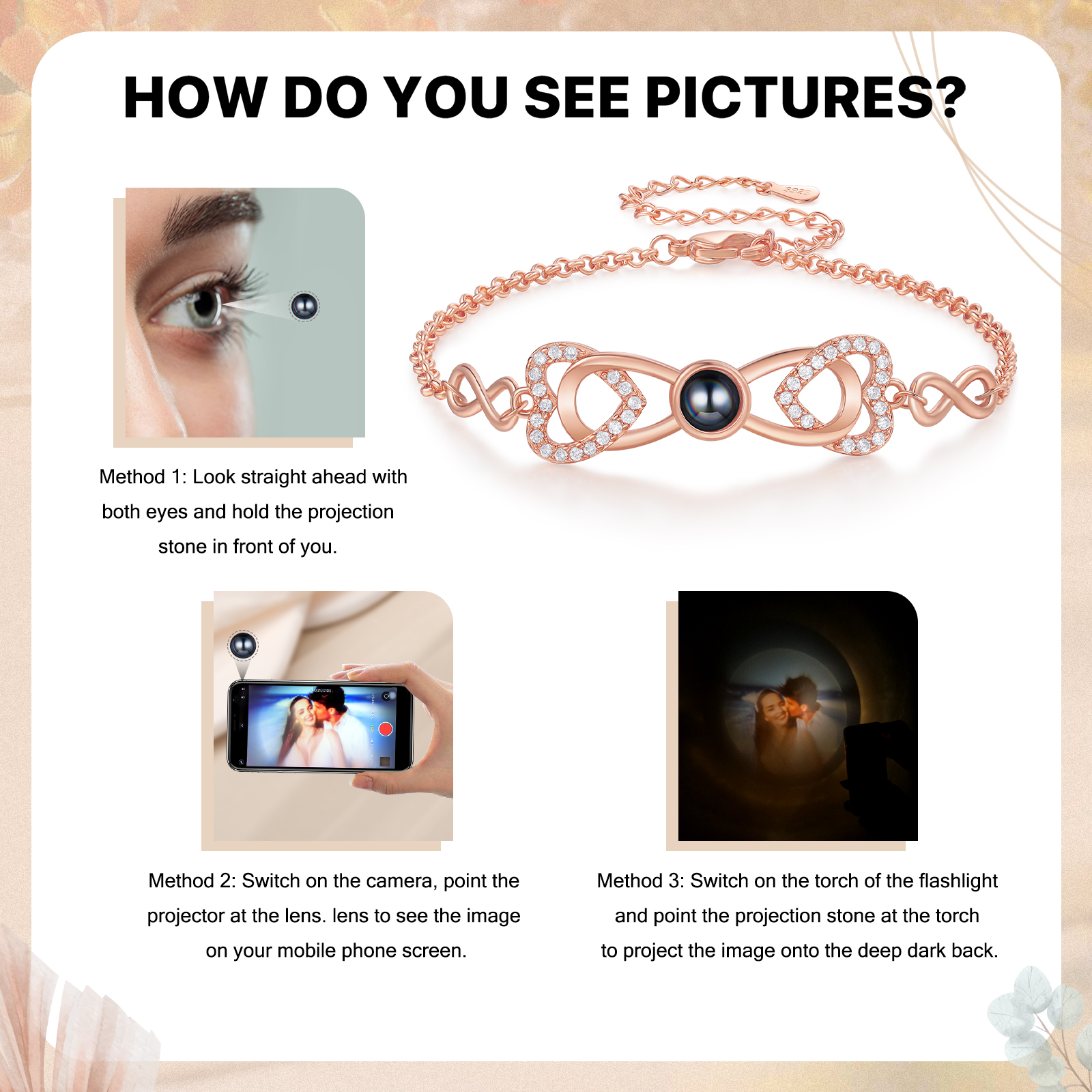 Personalised Projection Bracelet Custom 1 Photo Infinity & Heart Design 3 Colours Gift for Her | Jessemade