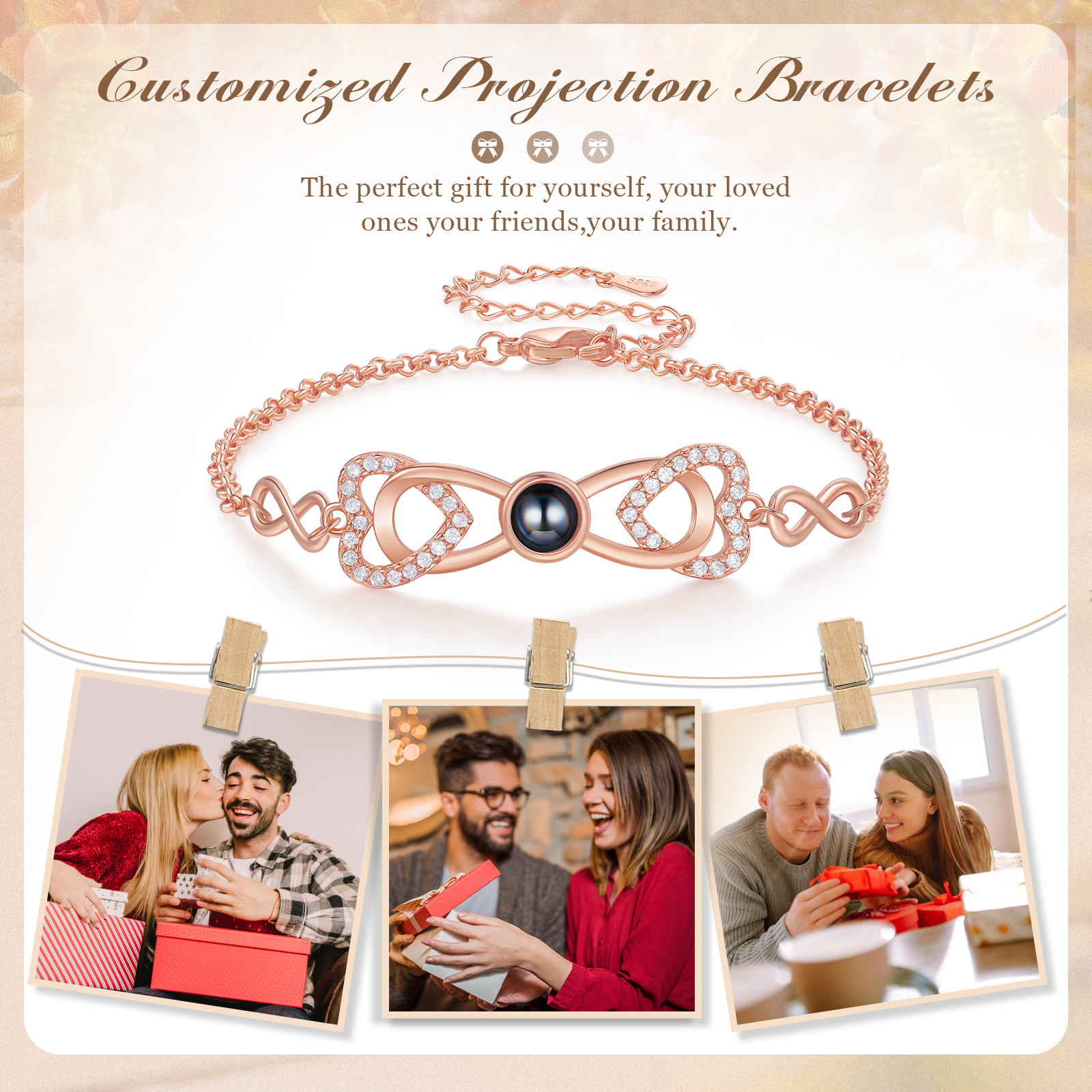 Personalised Projection Bracelet Custom 1 Photo Infinity & Heart Design 3 Colours Gift for Her | Jessemade