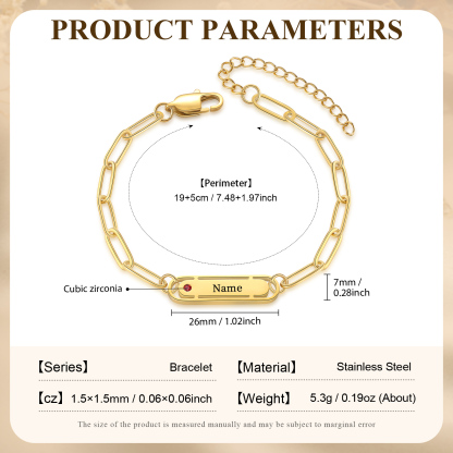 Personalised 1 Name and 1 Birthstone Bracelet Engraved Charm Bracelet with a Dainty Paperclip Chain Elegant Engraved Gift for Her