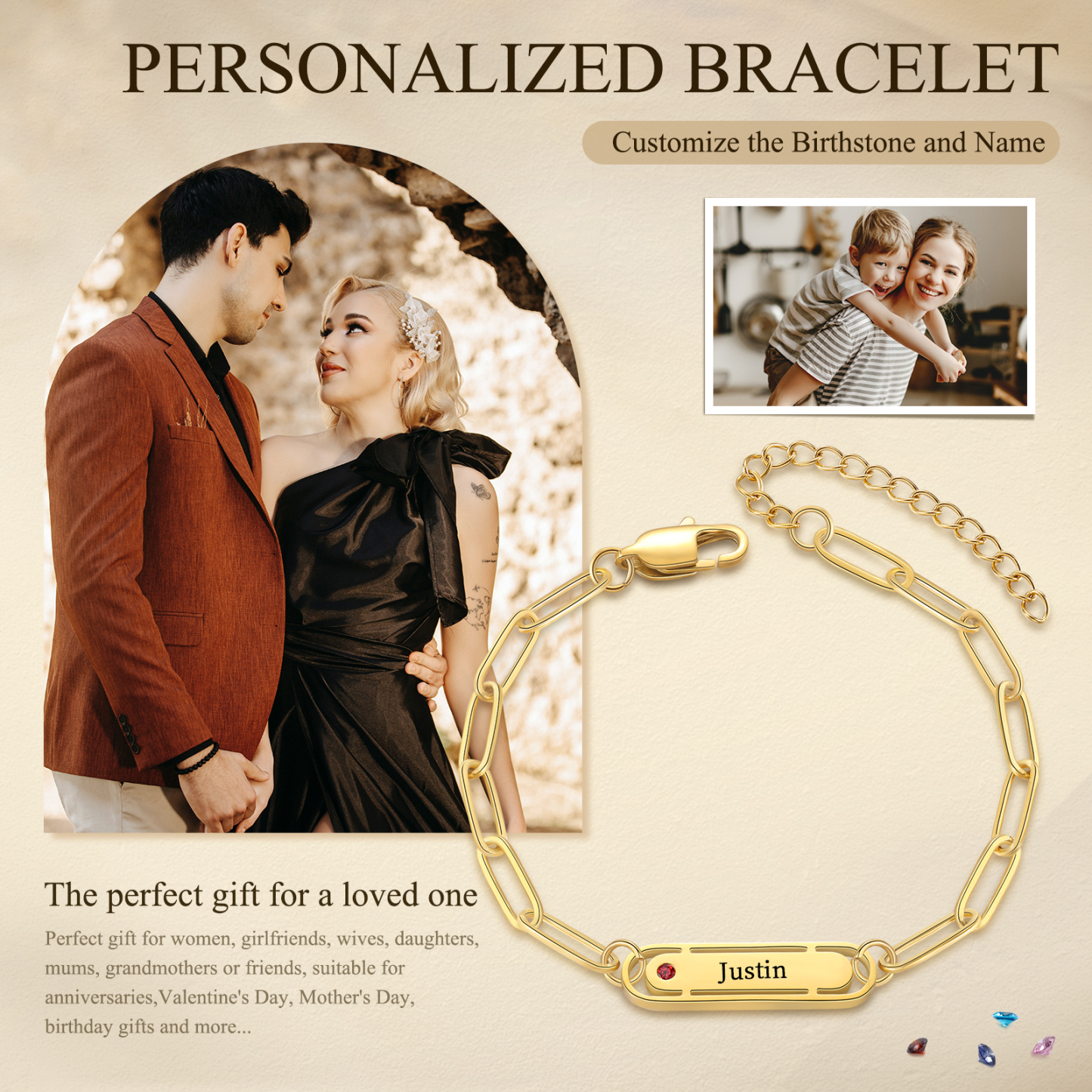 Personalised 1 Name and 1 Birthstone Bracelet Engraved Charm Bracelet with a Dainty Paperclip Chain Elegant Engraved Gift for Her