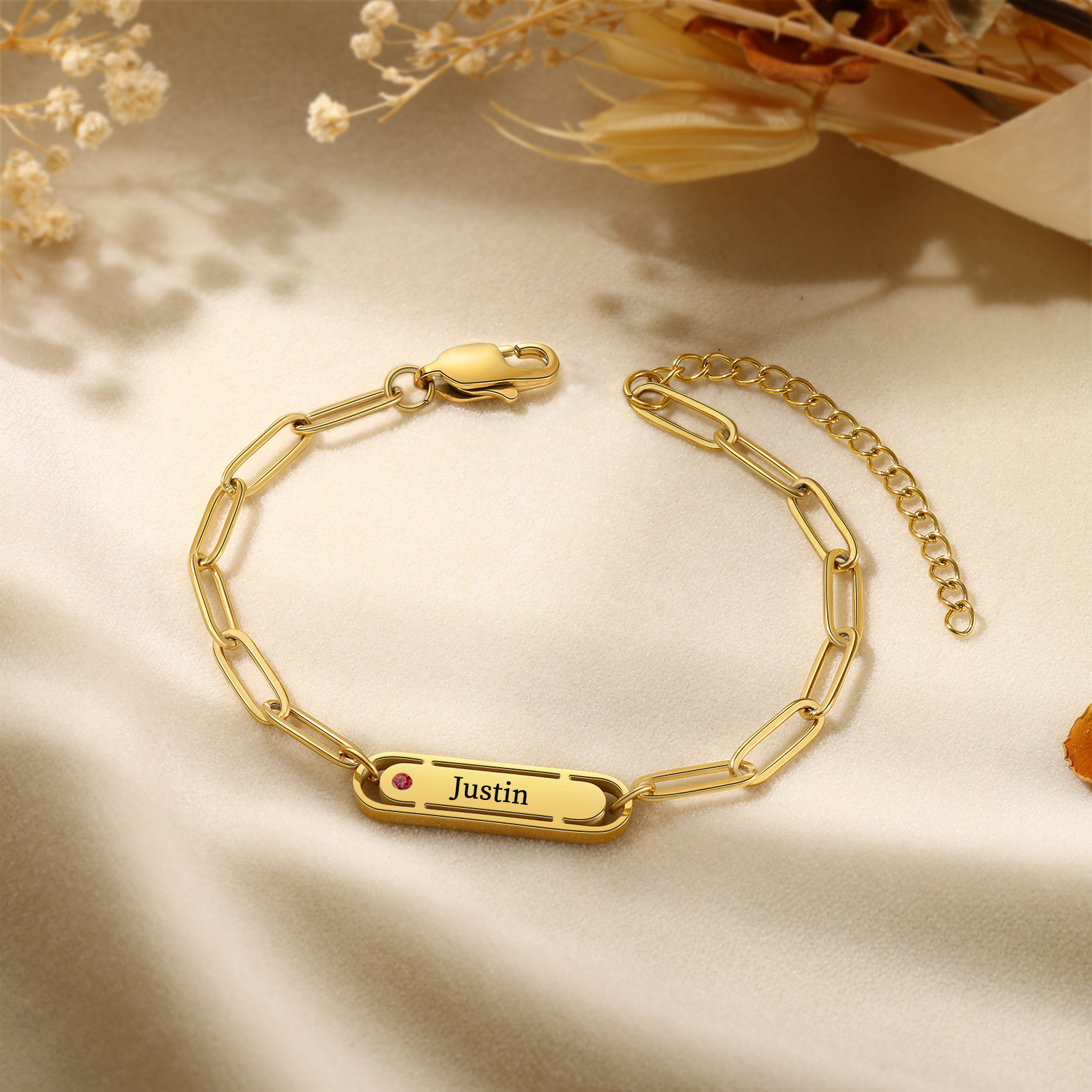 Personalised 1 Name and 1 Birthstone Bracelet Engraved Charm Bracelet with a Dainty Paperclip Chain Elegant Engraved Gift for Her