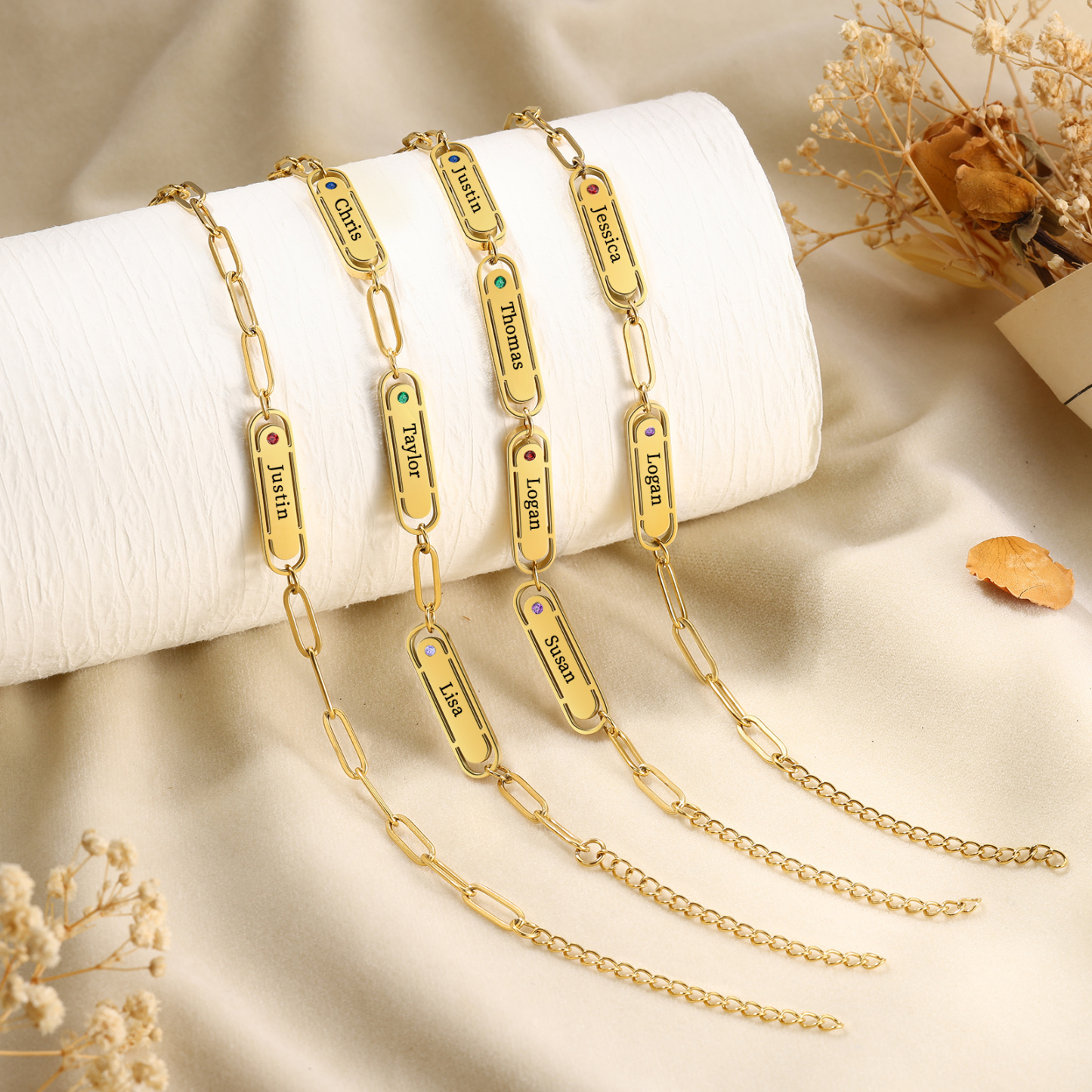 Personalised 3 Names and 3 Birthstones Bracelet Engraved Charm Bracelet with a Dainty Paperclip Chain Elegant Engraved Gift for Her