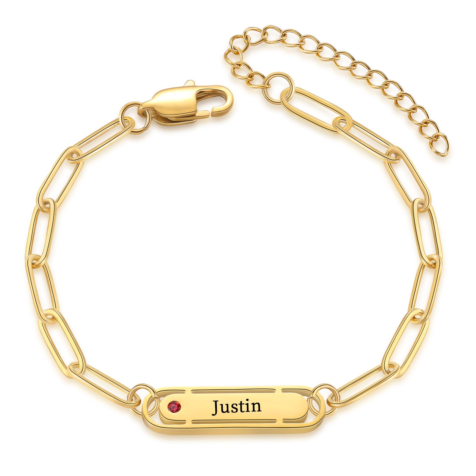 Personalised 1 Name and 1 Birthstone Bracelet Engraved Charm Bracelet with a Dainty Paperclip Chain Elegant Engraved Gift for Her