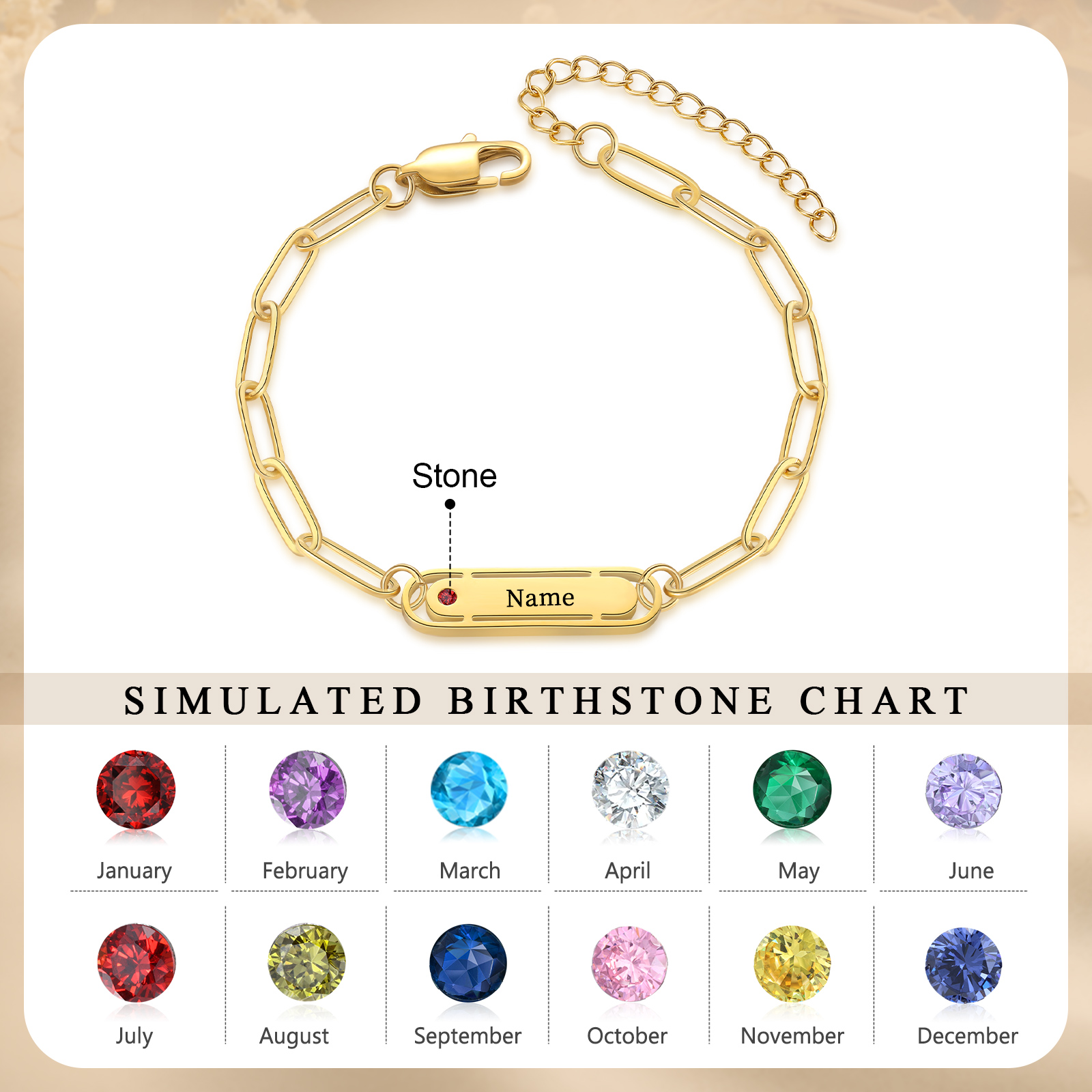 Personalised 1 Name and 1 Birthstone Bracelet Engraved Charm Bracelet with a Dainty Paperclip Chain Elegant Engraved Gift for Her
