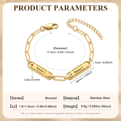 Personalised 2 Names and 2 Birthstones Bracelet Engraved Charm Bracelet with a Dainty Paperclip Chain Elegant Engraved Gift for Her