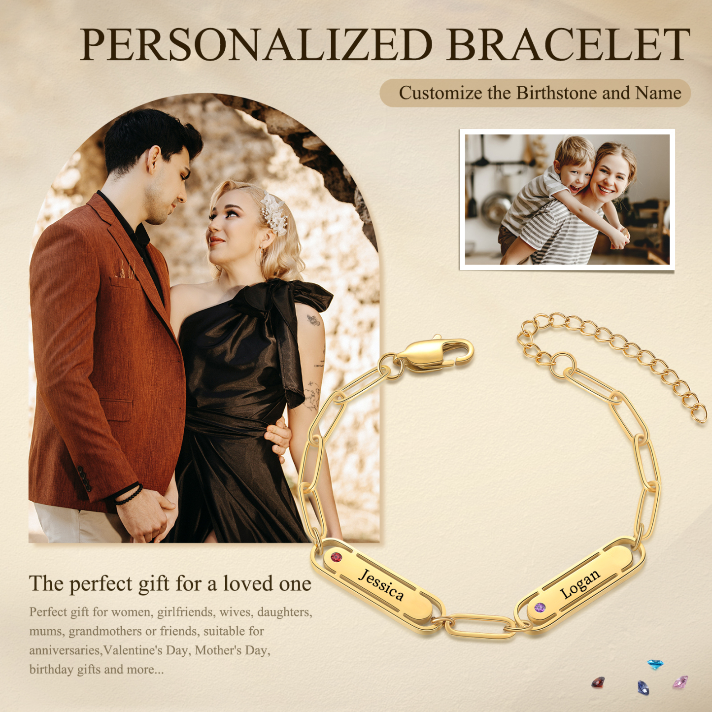 Personalised 2 Names and 2 Birthstones Bracelet Engraved Charm Bracelet with a Dainty Paperclip Chain Elegant Engraved Gift for Her