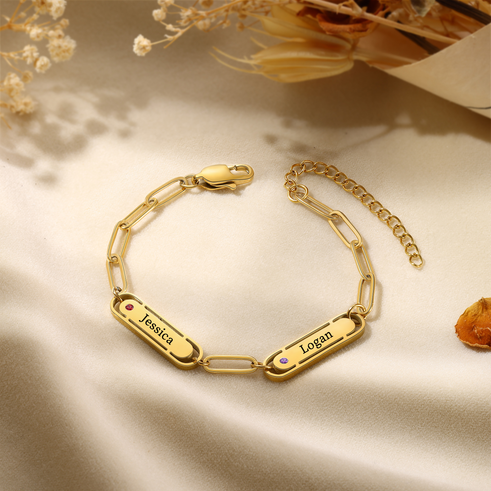 Personalised 2 Names and 2 Birthstones Bracelet Engraved Charm Bracelet with a Dainty Paperclip Chain Elegant Engraved Gift for Her