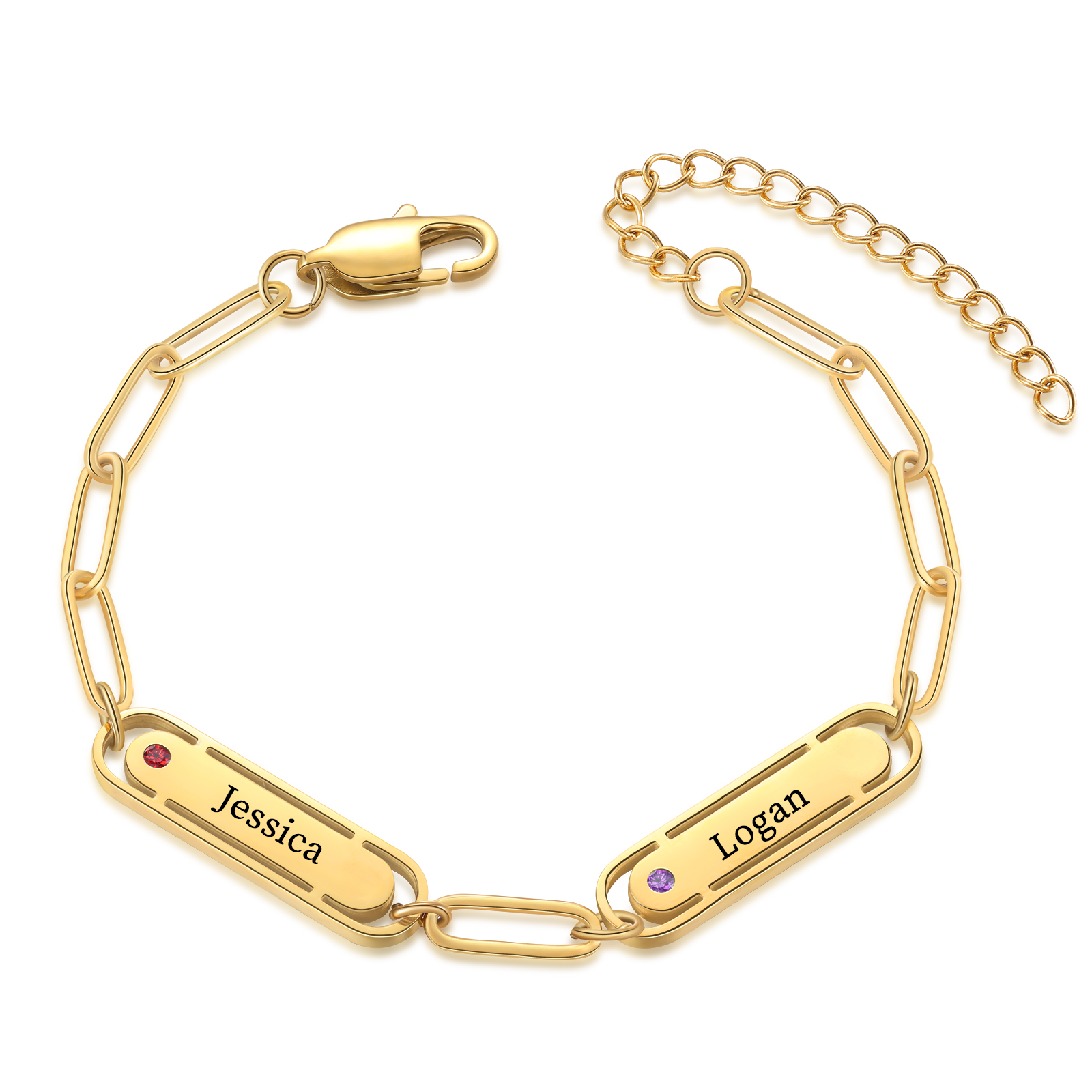 Personalised 2 Names and 2 Birthstones Bracelet Engraved Charm Bracelet with a Dainty Paperclip Chain Elegant Engraved Gift for Her
