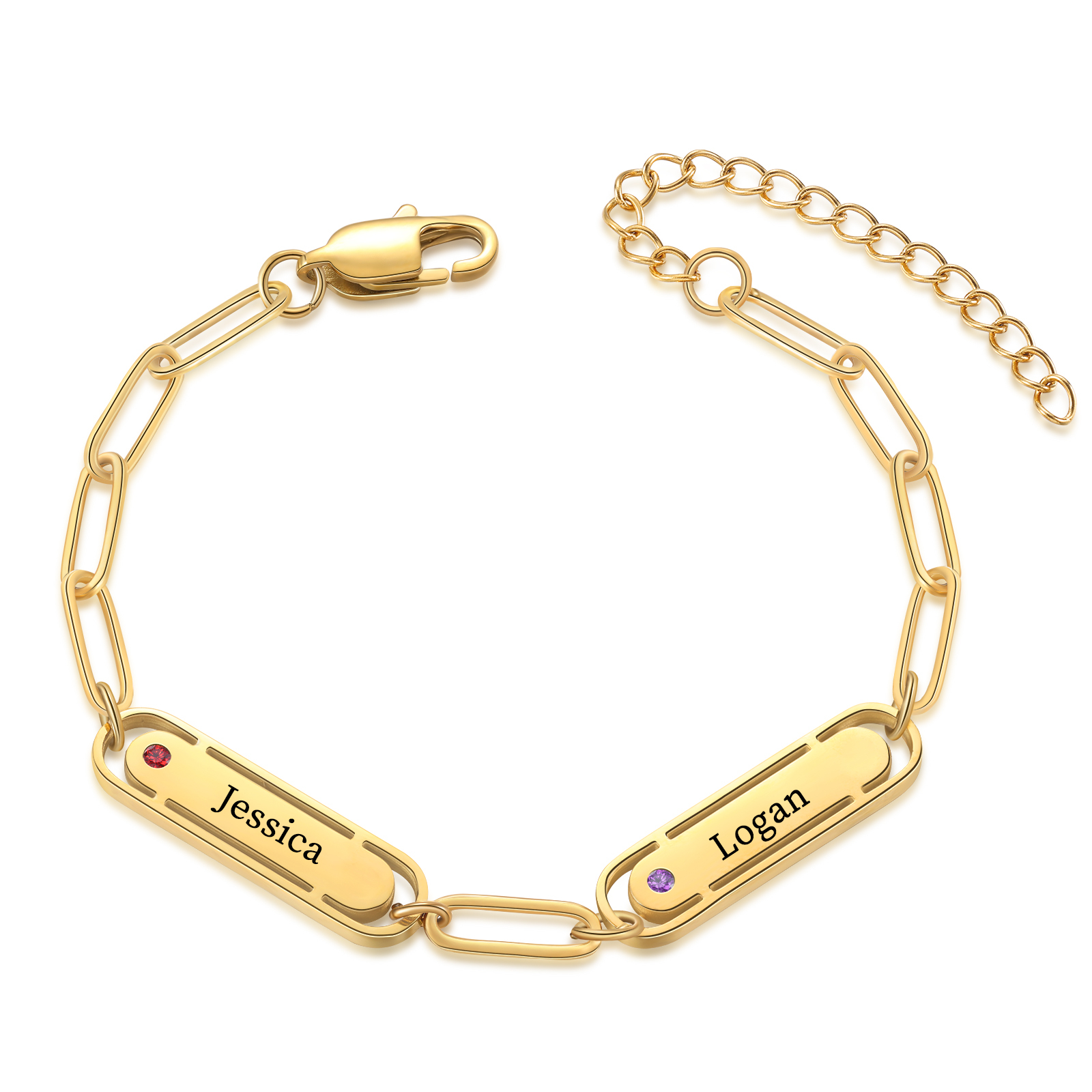 Personalised 2 Names and 2 Birthstones Bracelet Engraved Charm Bracelet with a Dainty Paperclip Chain Elegant Engraved Gift for Her