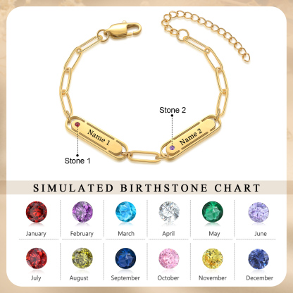 Personalised 2 Names and 2 Birthstones Bracelet Engraved Charm Bracelet with a Dainty Paperclip Chain Elegant Engraved Gift for Her