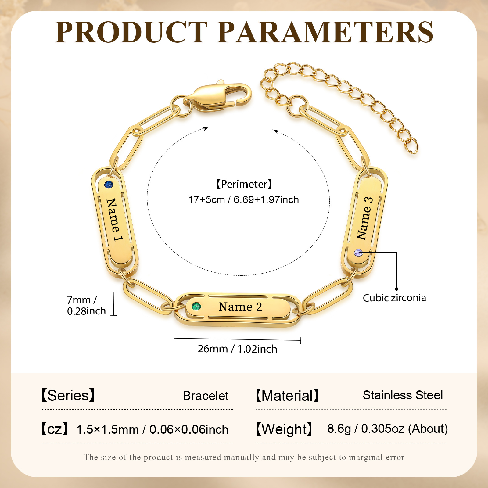 Personalised 3 Names and 3 Birthstones Bracelet Engraved Charm Bracelet with a Dainty Paperclip Chain Elegant Engraved Gift for Her