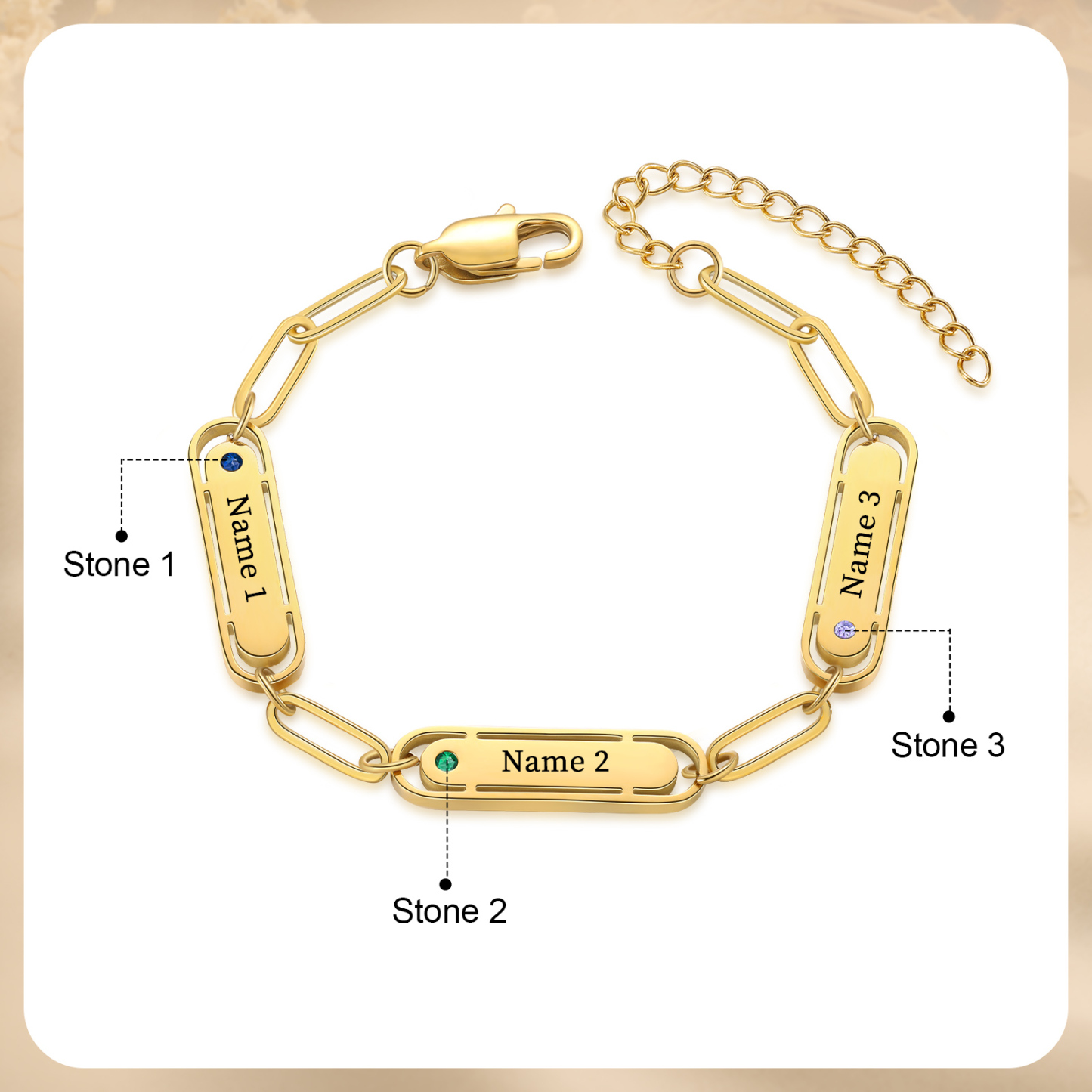 Personalised 3 Names and 3 Birthstones Bracelet Engraved Charm Bracelet with a Dainty Paperclip Chain Elegant Engraved Gift for Her