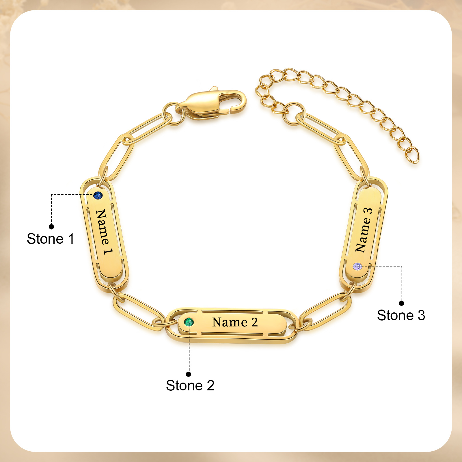 Personalised 3 Names and 3 Birthstones Bracelet Engraved Charm Bracelet with a Dainty Paperclip Chain Elegant Engraved Gift for Her