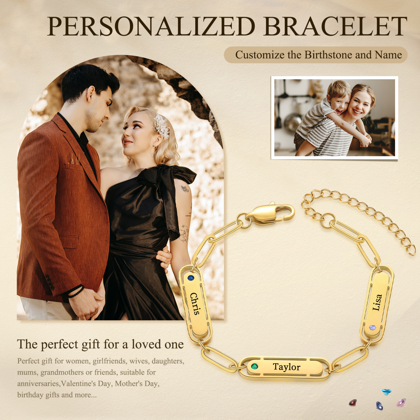 Personalised 3 Names and 3 Birthstones Bracelet Engraved Charm Bracelet with a Dainty Paperclip Chain Elegant Engraved Gift for Her