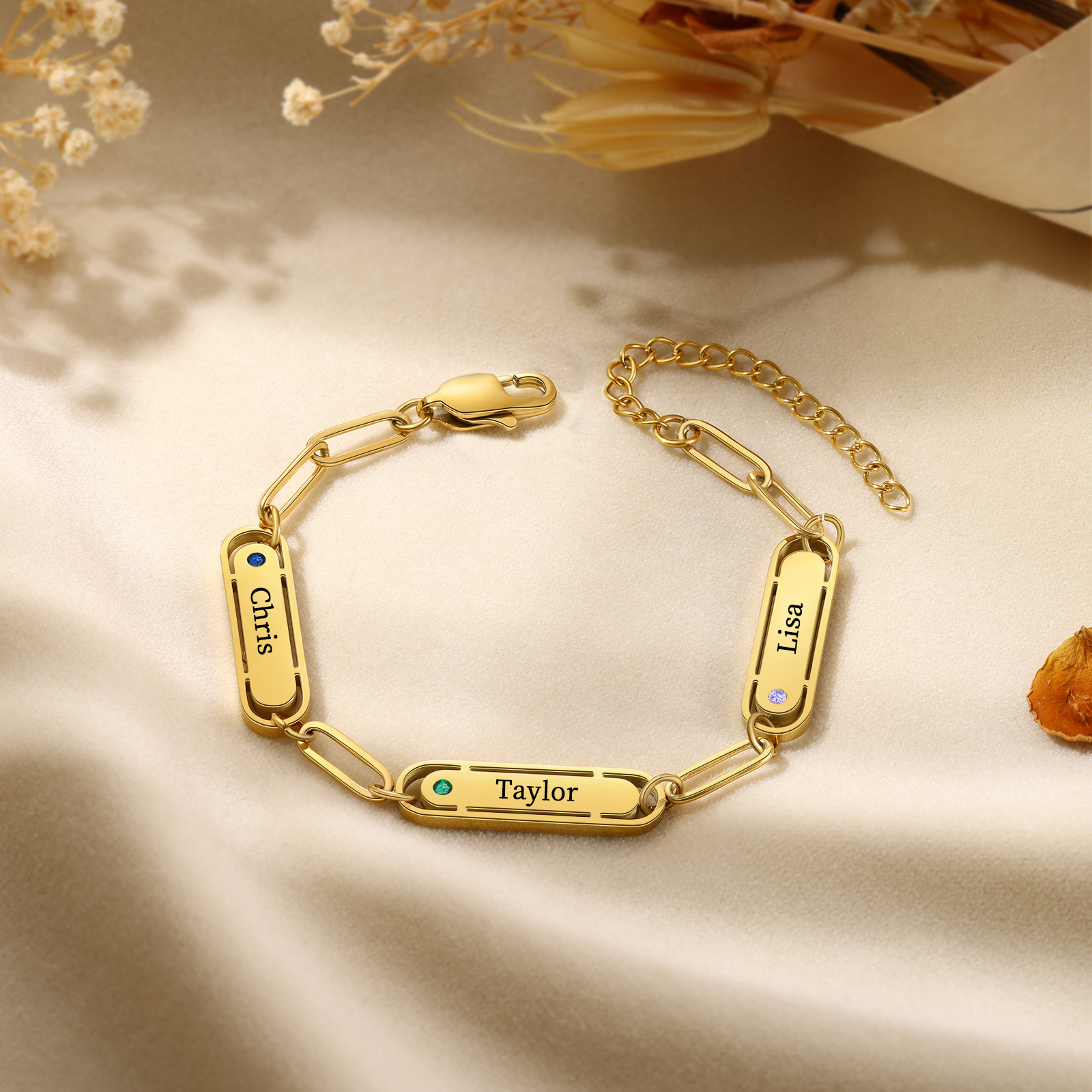 Personalised 3 Names and 3 Birthstones Bracelet Engraved Charm Bracelet with a Dainty Paperclip Chain Elegant Engraved Gift for Her