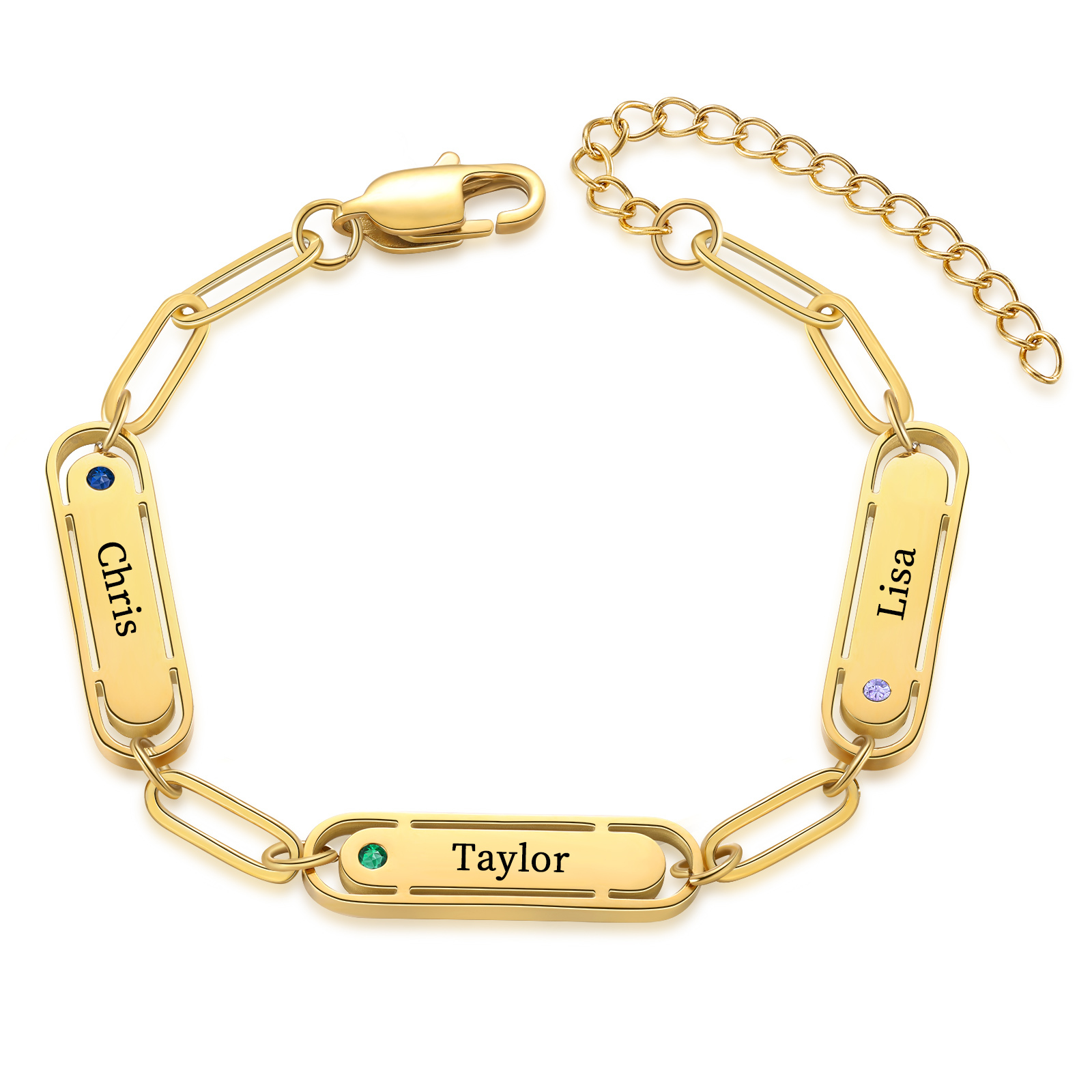 Personalised 3 Names and 3 Birthstones Bracelet Engraved Charm Bracelet with a Dainty Paperclip Chain Elegant Engraved Gift for Her