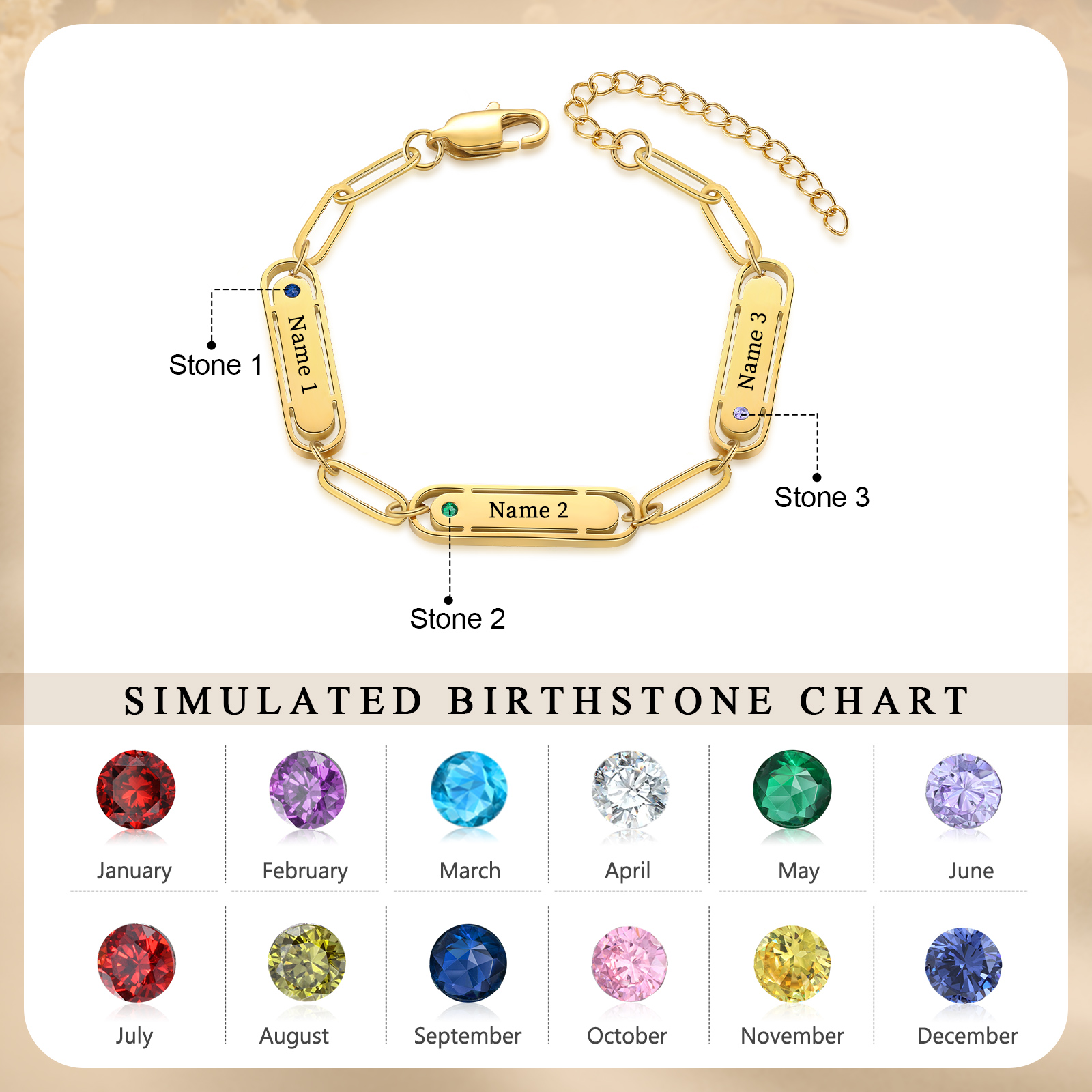 Personalised 3 Names and 3 Birthstones Bracelet Engraved Charm Bracelet with a Dainty Paperclip Chain Elegant Engraved Gift for Her