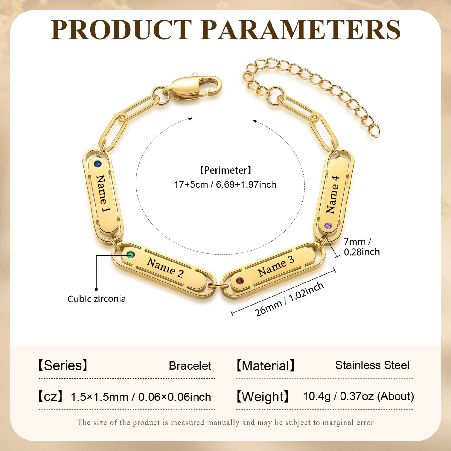 Personalised 4 Names and 4 Birthstones Bracelet Engraved Charm Bracelet with a Dainty Paperclip Chain Elegant Engraved Gift for Her