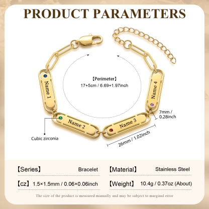 Personalised 4 Names and 4 Birthstones Bracelet Engraved Charm Bracelet with a Dainty Paperclip Chain Elegant Engraved Gift for Her