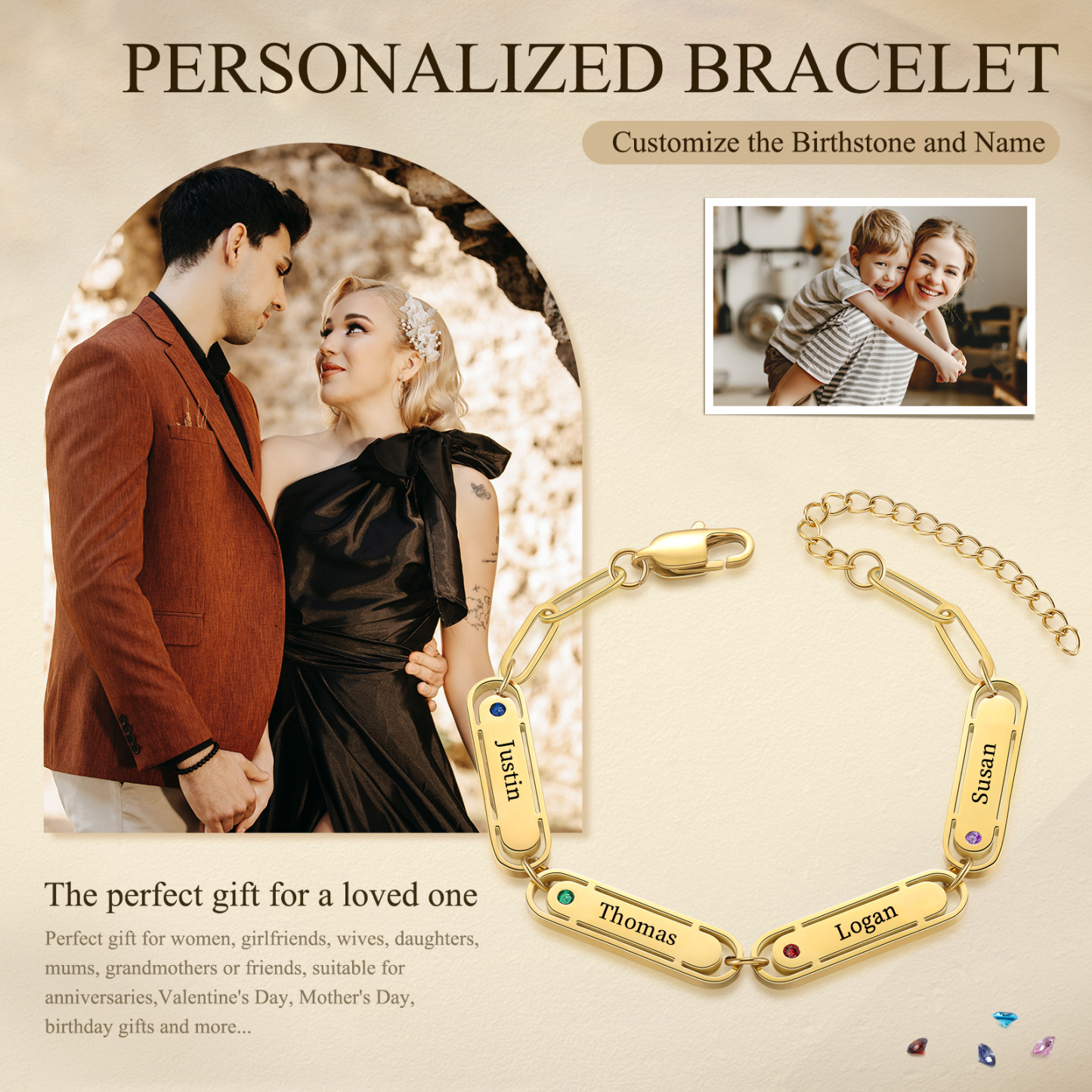 Personalised 4 Names and 4 Birthstones Bracelet Engraved Charm Bracelet with a Dainty Paperclip Chain Elegant Engraved Gift for Her